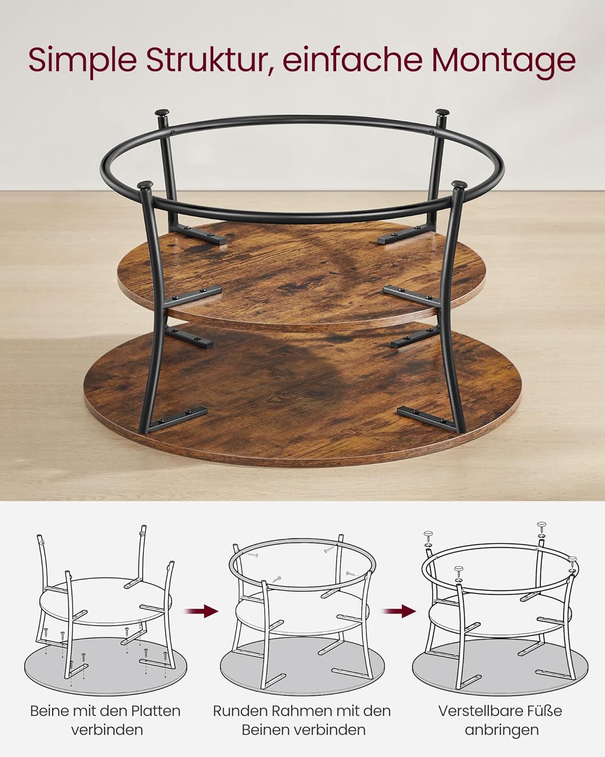VASAGLE Couchtisch rund, Wohnzimmertisch, Sofatisch mit Ablage, einfacher Aufbau, Metall, Industrie-Design, vintagebraun-tintenschwarz LCT80BX | Wohnzimmertisch, einfacher Aufbau, Industrie-Design, LCT80BX — Ansicht 6