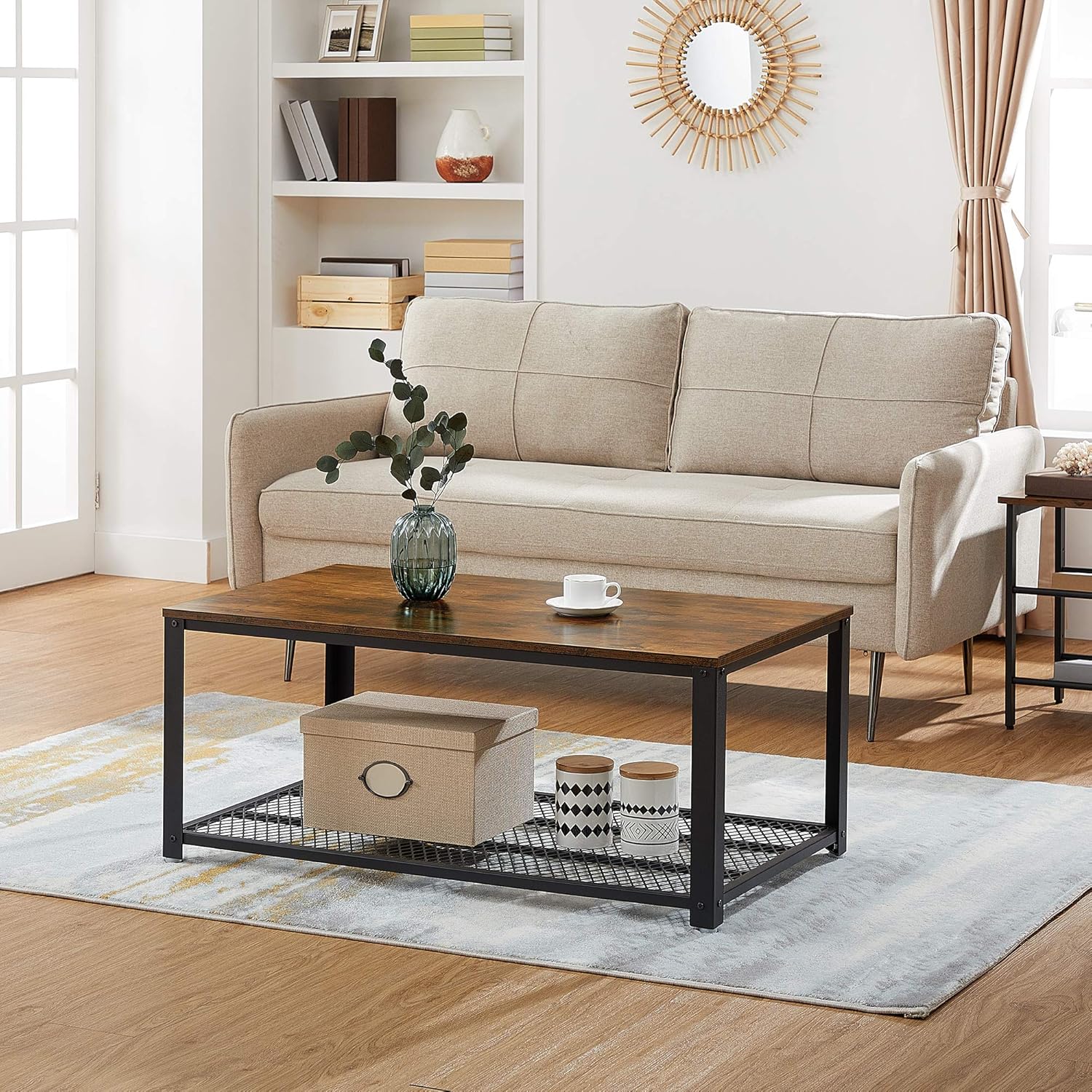 VASAGLE Couchtisch, Wohnzimmertisch mit 2 Ebenen, mit Gitterablage, Fernsehtisch, Metallgestell, verstellbare Füße, für Wohnzimmer, Industrial Style, vintagebraun-schwarz LCT61X — Ansicht 2