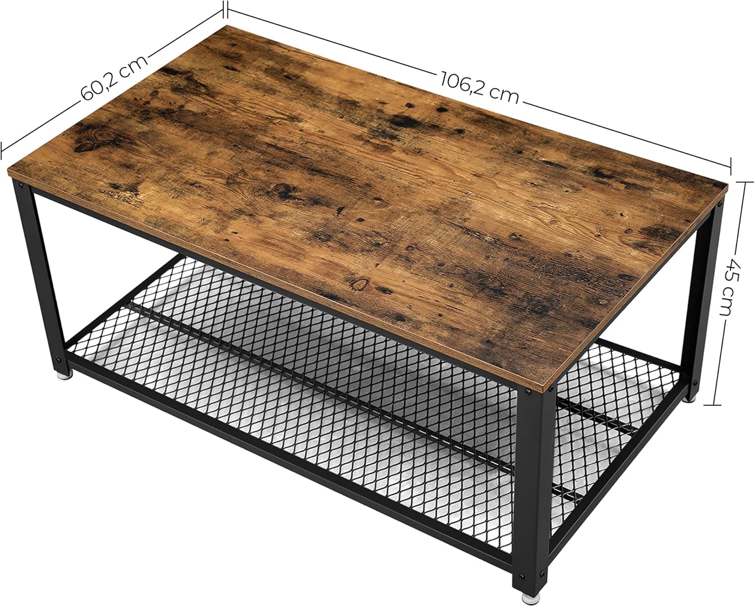 VASAGLE Couchtisch, Wohnzimmertisch mit 2 Ebenen, mit Gitterablage, Fernsehtisch, Metallgestell, verstellbare Füße, für Wohnzimmer, Industrial Style, vintagebraun-schwarz LCT61X — Ansicht 3