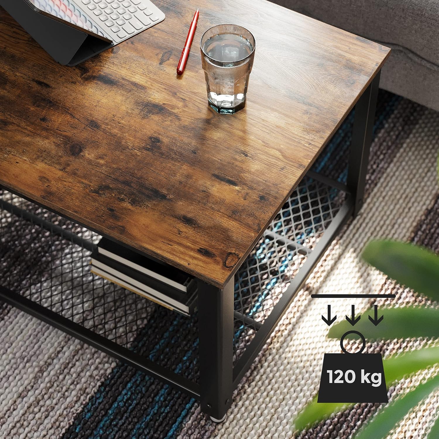 VASAGLE Couchtisch, Wohnzimmertisch mit 2 Ebenen, mit Gitterablage, Fernsehtisch, Metallgestell, verstellbare Füße, für Wohnzimmer, Industrial Style, vintagebraun-schwarz LCT61X — Ansicht 6