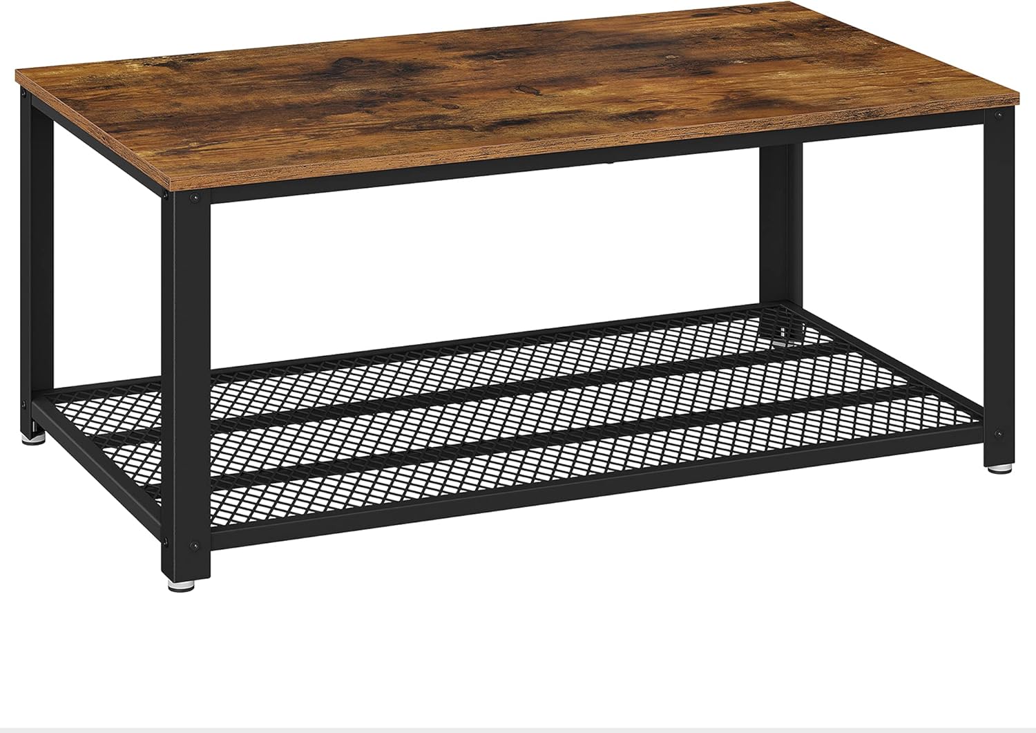VASAGLE Couchtisch, Wohnzimmertisch mit 2 Ebenen, mit Gitterablage, Fernsehtisch, Metallgestell, verstellbare Füße, für Wohnzimmer, Industrial Style, vintagebraun-schwarz LCT61X