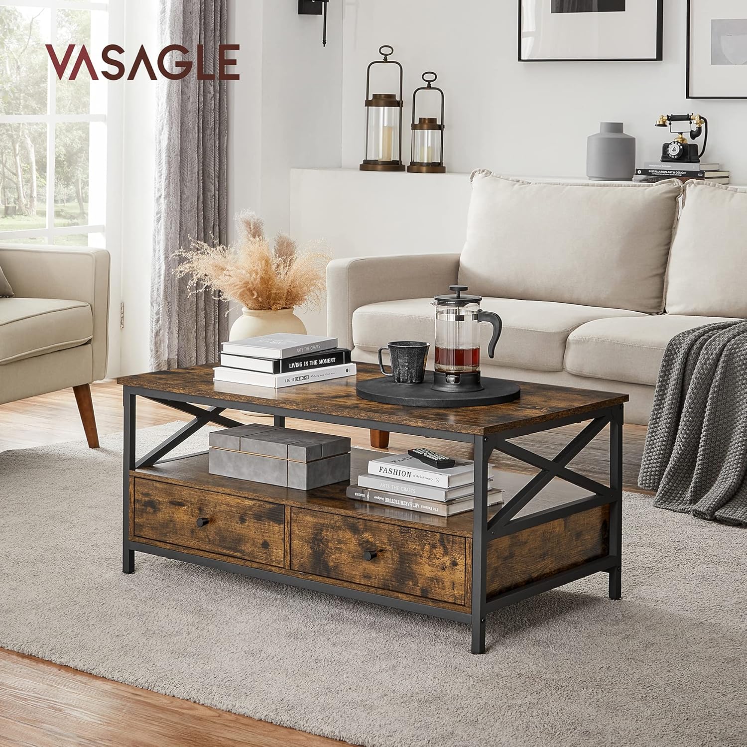 VASAGLE Couchtisch, Wohnzimmertisch, Sofatisch, für Wohnzimmer, mit Schubladen, X-förmige Streben, offenes Fach, Industrie-Design, vintagebraun-schwarz LCT201B01 — Ansicht 2