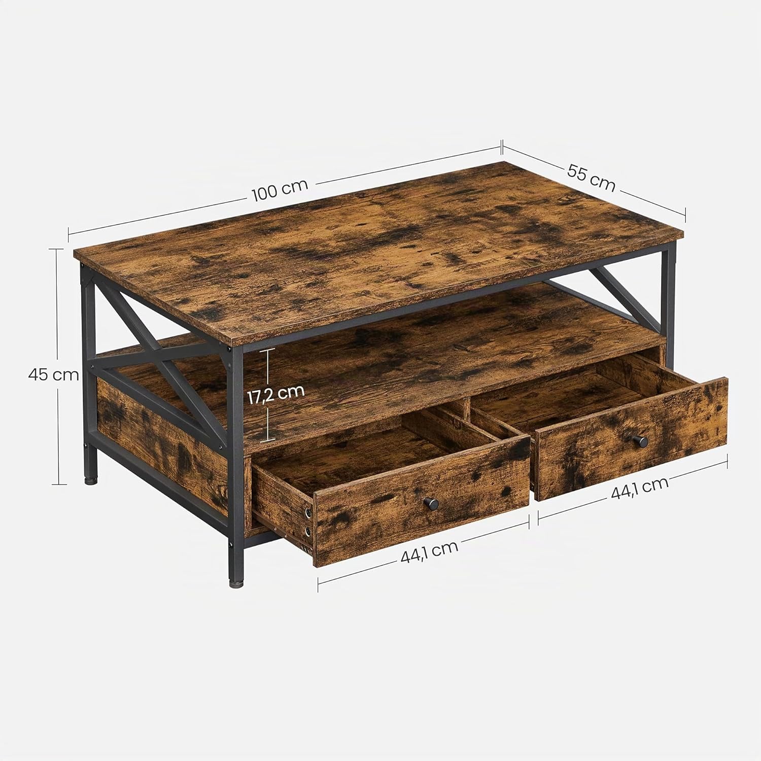 VASAGLE Couchtisch, Wohnzimmertisch, Sofatisch, für Wohnzimmer, mit Schubladen, X-förmige Streben, offenes Fach, Industrie-Design, vintagebraun-schwarz LCT201B01 — Ansicht 3