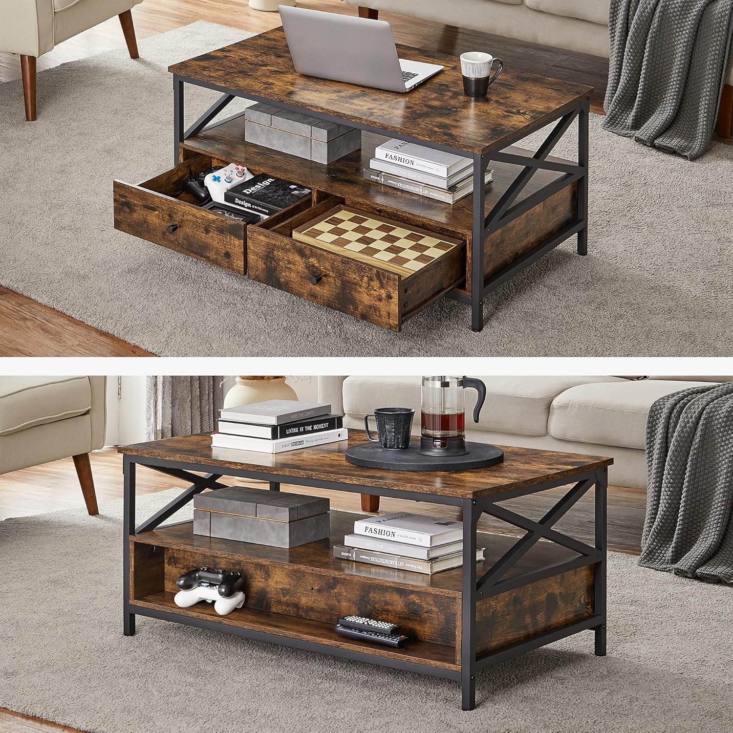 VASAGLE Couchtisch, Wohnzimmertisch, Sofatisch, für Wohnzimmer, mit Schubladen, X-förmige Streben, offenes Fach, Industrie-Design, vintagebraun-schwarz LCT201B01 — Ansicht 6