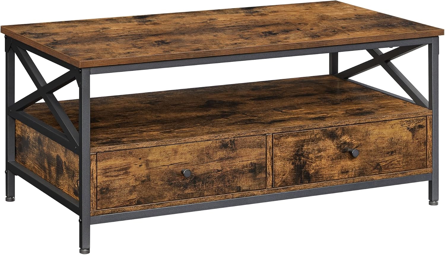 VASAGLE Couchtisch, Wohnzimmertisch, Sofatisch, für Wohnzimmer, mit Schubladen, X-förmige Streben, offenes Fach, Industrie-Design, vintagebraun-schwarz LCT201B01