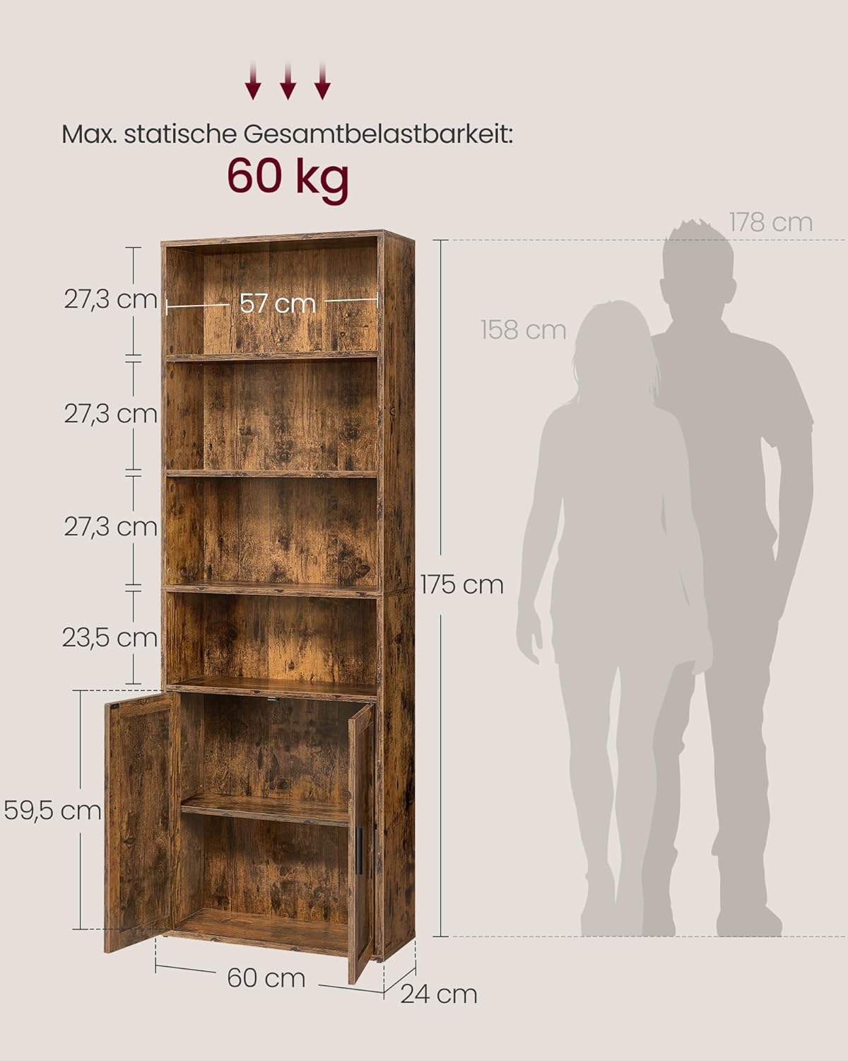 VASAGLE Custos Collection - Bücherregal, 6-stöckiges hohes Regal, Standregal mit Türen, offenes Aufbewahrungsregal, 24 x 60 x 175 cm, für Wohnzimmer, Homeoffice, Esszimmer, vintagebraun LBC402K01 — Ansicht 2
