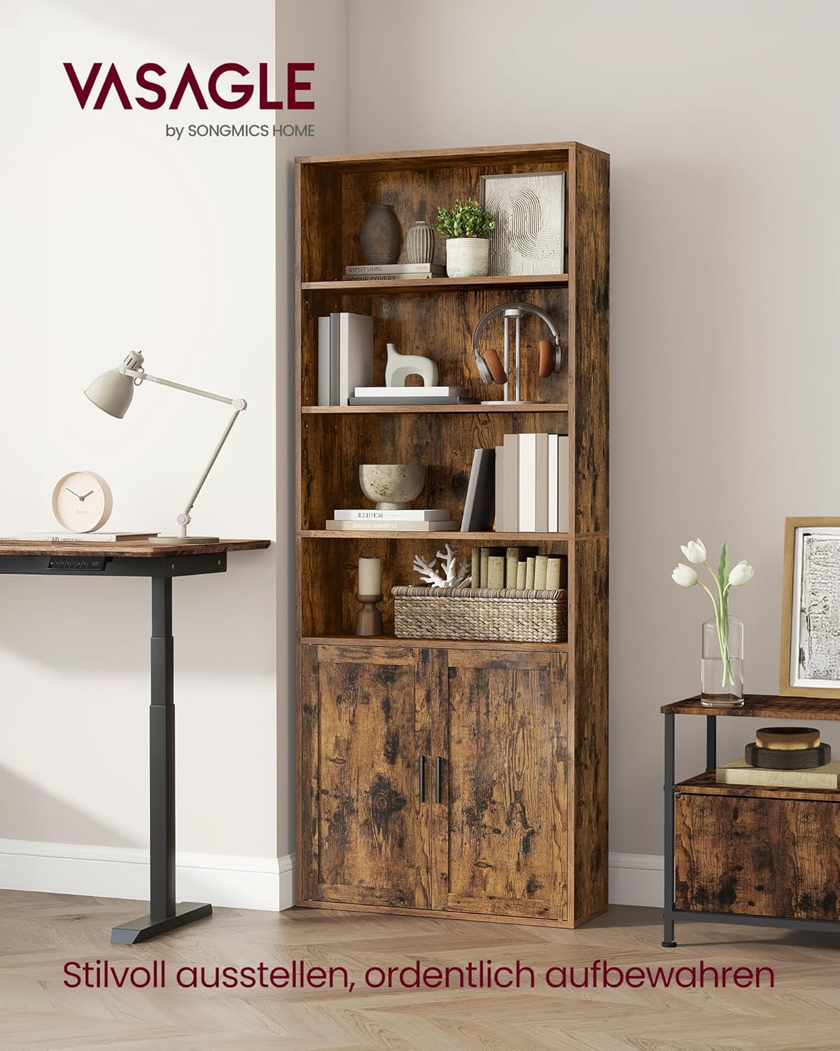 VASAGLE Custos Collection - Bücherregal, 6-stöckiges hohes Regal, Standregal mit Türen, offenes Aufbewahrungsregal, 24 x 60 x 175 cm, für Wohnzimmer, Homeoffice, Esszimmer, vintagebraun LBC402K01 — Ansicht 3