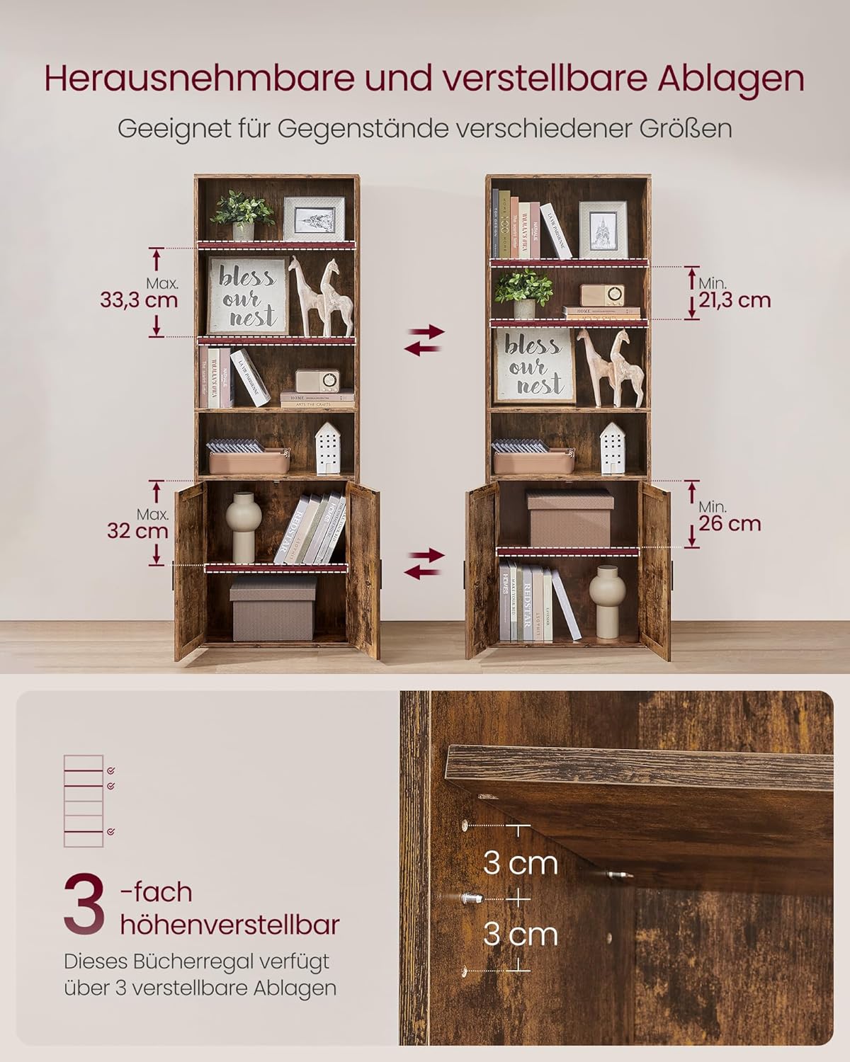 VASAGLE Custos Collection - Bücherregal, 6-stöckiges hohes Regal, Standregal mit Türen, offenes Aufbewahrungsregal, 24 x 60 x 175 cm, für Wohnzimmer, Homeoffice, Esszimmer, vintagebraun LBC402K01 — Ansicht 4