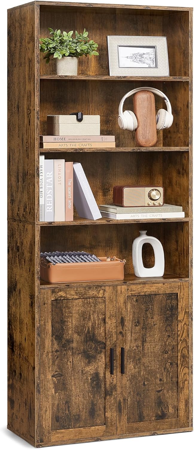 VASAGLE Custos Collection - Bücherregal, 6-stöckiges hohes Regal, Standregal mit Türen, offenes Aufbewahrungsregal, 24 x 60 x 175 cm, für Wohnzimmer, Homeoffice, Esszimmer, vintagebraun LBC402K01