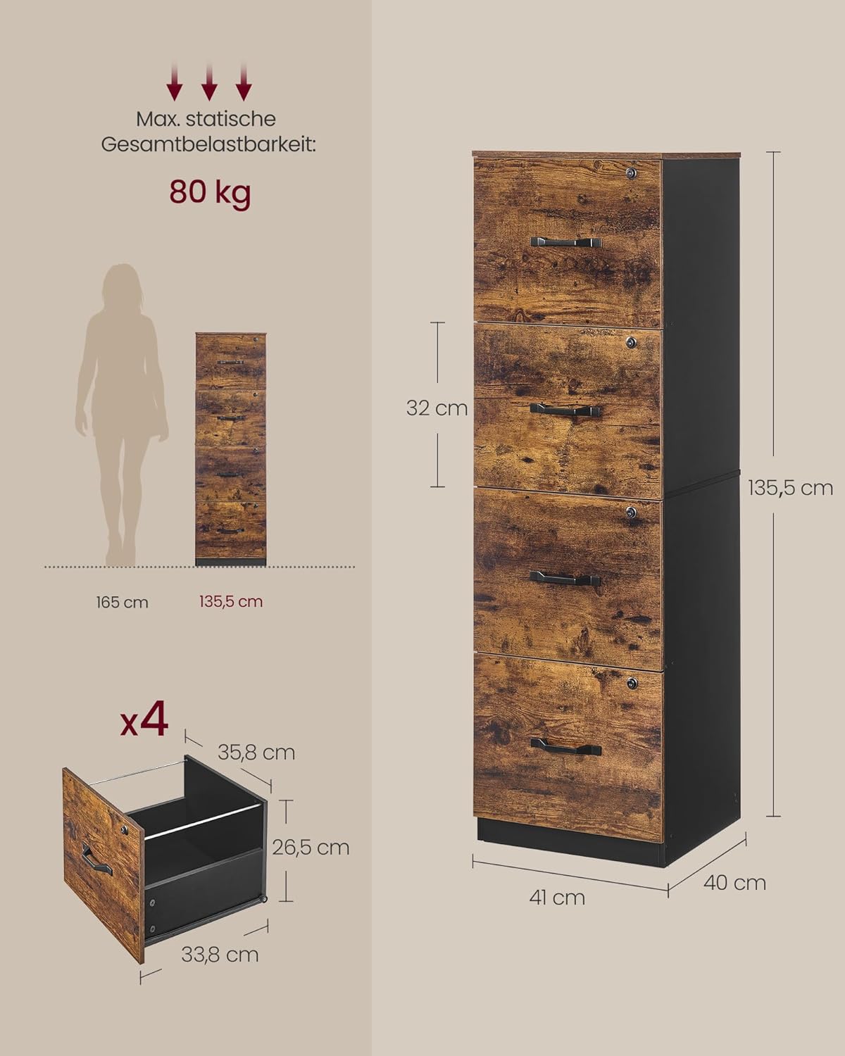 VASAGLE Custos Kollektion - Aktenschrank, Büroschrank, Druckerständer, mit 4 abschließbaren Schubladen, verstellbare Hängestangen, für A4- und Letter-Formate, vintagebraun-tintenschwarz OFC082K02V1 — Ansicht 3