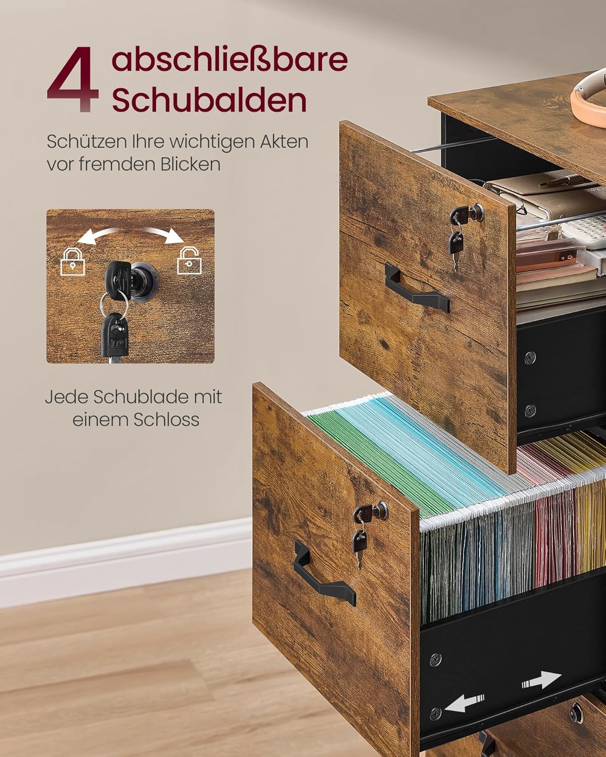 VASAGLE Custos Kollektion - Aktenschrank, Büroschrank, Druckerständer, mit 4 abschließbaren Schubladen, verstellbare Hängestangen, für A4- und Letter-Formate, vintagebraun-tintenschwarz OFC082K02V1 — Ansicht 4
