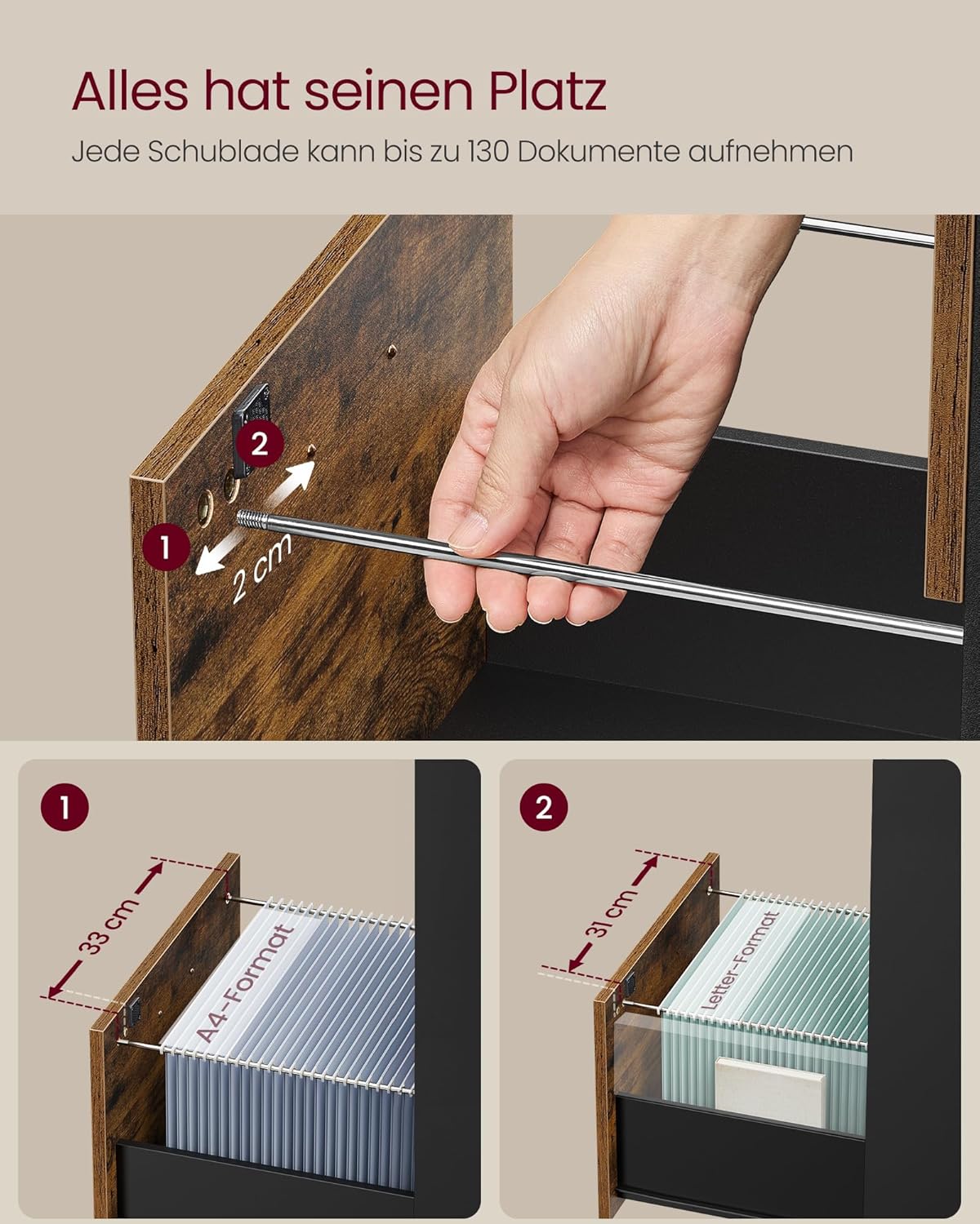 VASAGLE Custos Kollektion - Aktenschrank, Büroschrank, Druckerständer, mit 4 abschließbaren Schubladen, verstellbare Hängestangen, für A4- und Letter-Formate, vintagebraun-tintenschwarz OFC082K02V1 — Ansicht 5