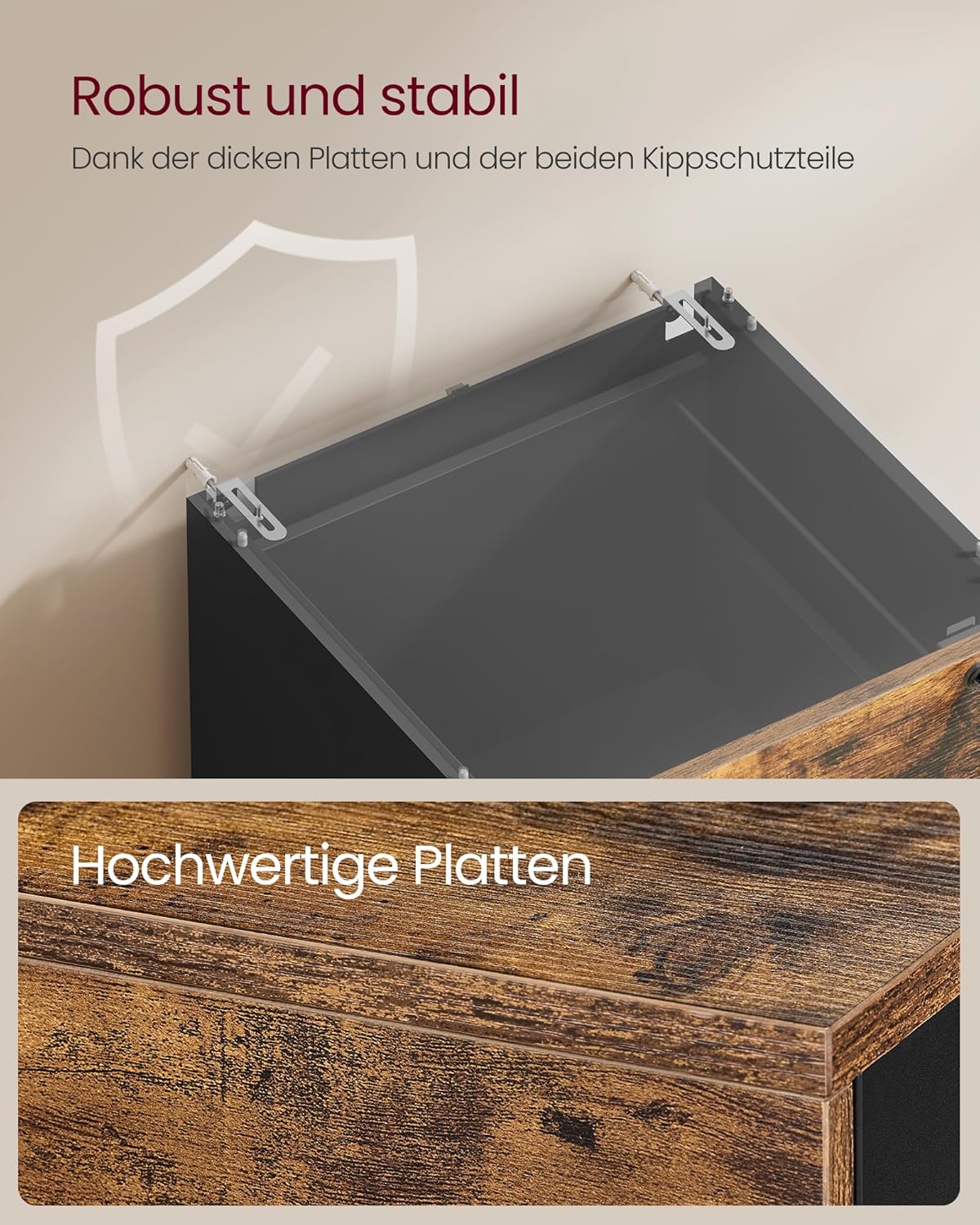 VASAGLE Custos Kollektion - Aktenschrank, Büroschrank, Druckerständer, mit 4 abschließbaren Schubladen, verstellbare Hängestangen, für A4- und Letter-Formate, vintagebraun-tintenschwarz OFC082K02V1 — Ansicht 6