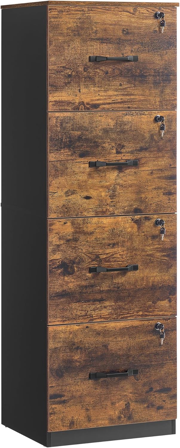VASAGLE Custos Kollektion - Aktenschrank, Büroschrank, Druckerständer, mit 4 abschließbaren Schubladen, verstellbare Hängestangen, für A4- und Letter-Formate, vintagebraun-tintenschwarz OFC082K02V1