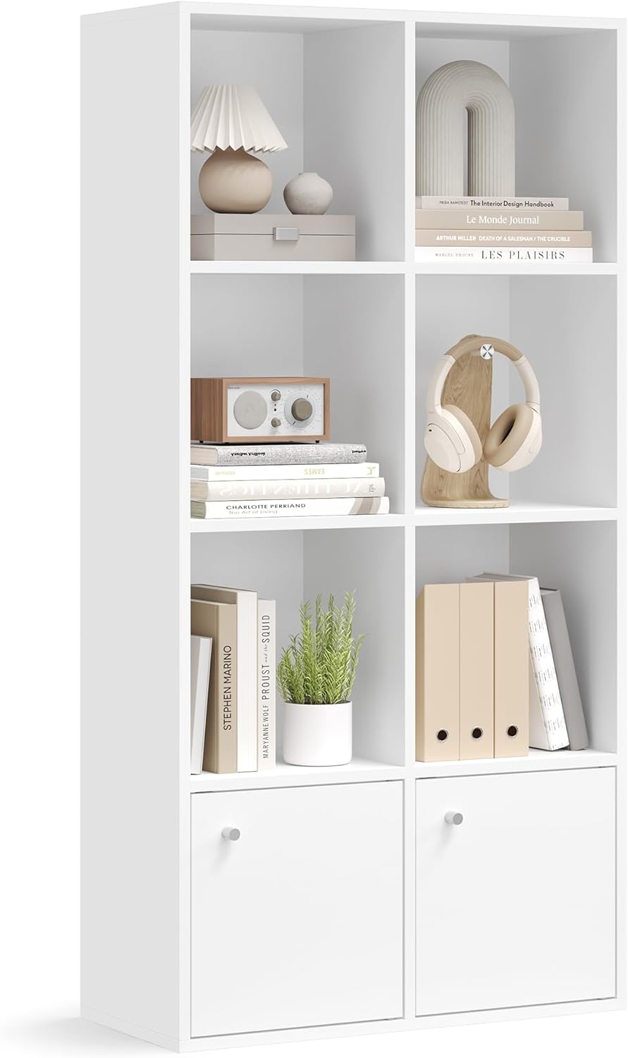 VASAGLE Custos Kollektion - Bücherregal, 4-stöckiges Regal, offenes Aufbewahrungsregal, Standregal, 29 x 65,8 x 130 cm, 2 Fächer mit Türen, Wohnzimmer Homeoffice Esszimmer, wolkenweiß LBC508WB01