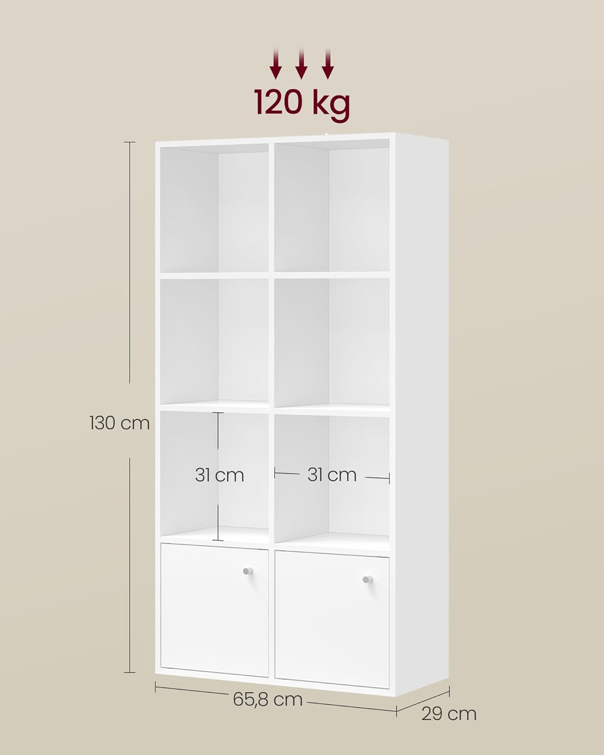 VASAGLE Custos Kollektion - Bücherregal, 4-stöckiges Regal, offenes Aufbewahrungsregal, Standregal, 29 x 65,8 x 130 cm, 2 Fächer mit Türen, Wohnzimmer Homeoffice Esszimmer, wolkenweiß LBC508WB01 — Ansicht 2