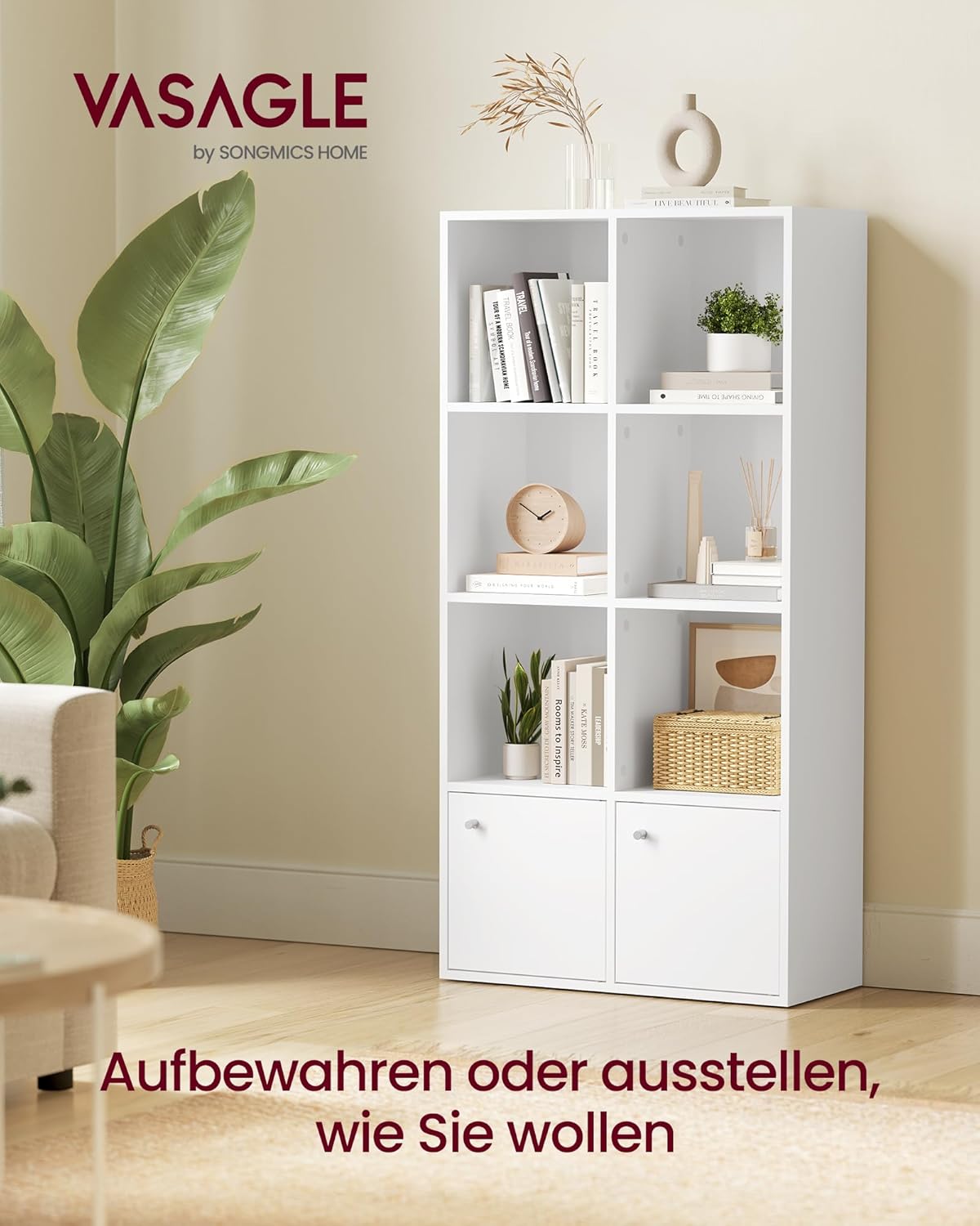 VASAGLE Custos Kollektion - Bücherregal, 4-stöckiges Regal, offenes Aufbewahrungsregal, Standregal, 29 x 65,8 x 130 cm, 2 Fächer mit Türen, Wohnzimmer Homeoffice Esszimmer, wolkenweiß LBC508WB01 — Ansicht 3