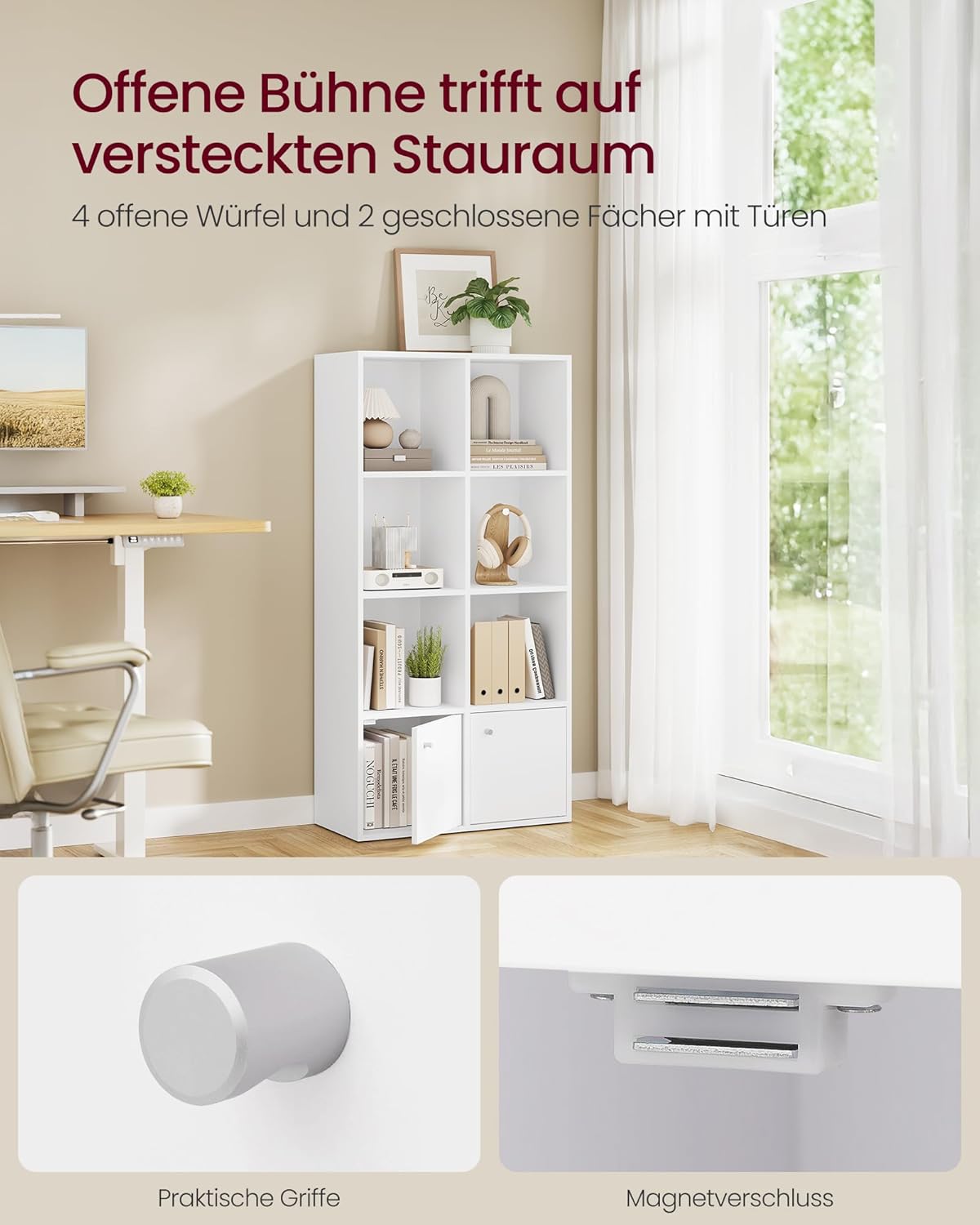 VASAGLE Custos Kollektion - Bücherregal, 4-stöckiges Regal, offenes Aufbewahrungsregal, Standregal, 29 x 65,8 x 130 cm, 2 Fächer mit Türen, Wohnzimmer Homeoffice Esszimmer, wolkenweiß LBC508WB01 — Ansicht 4