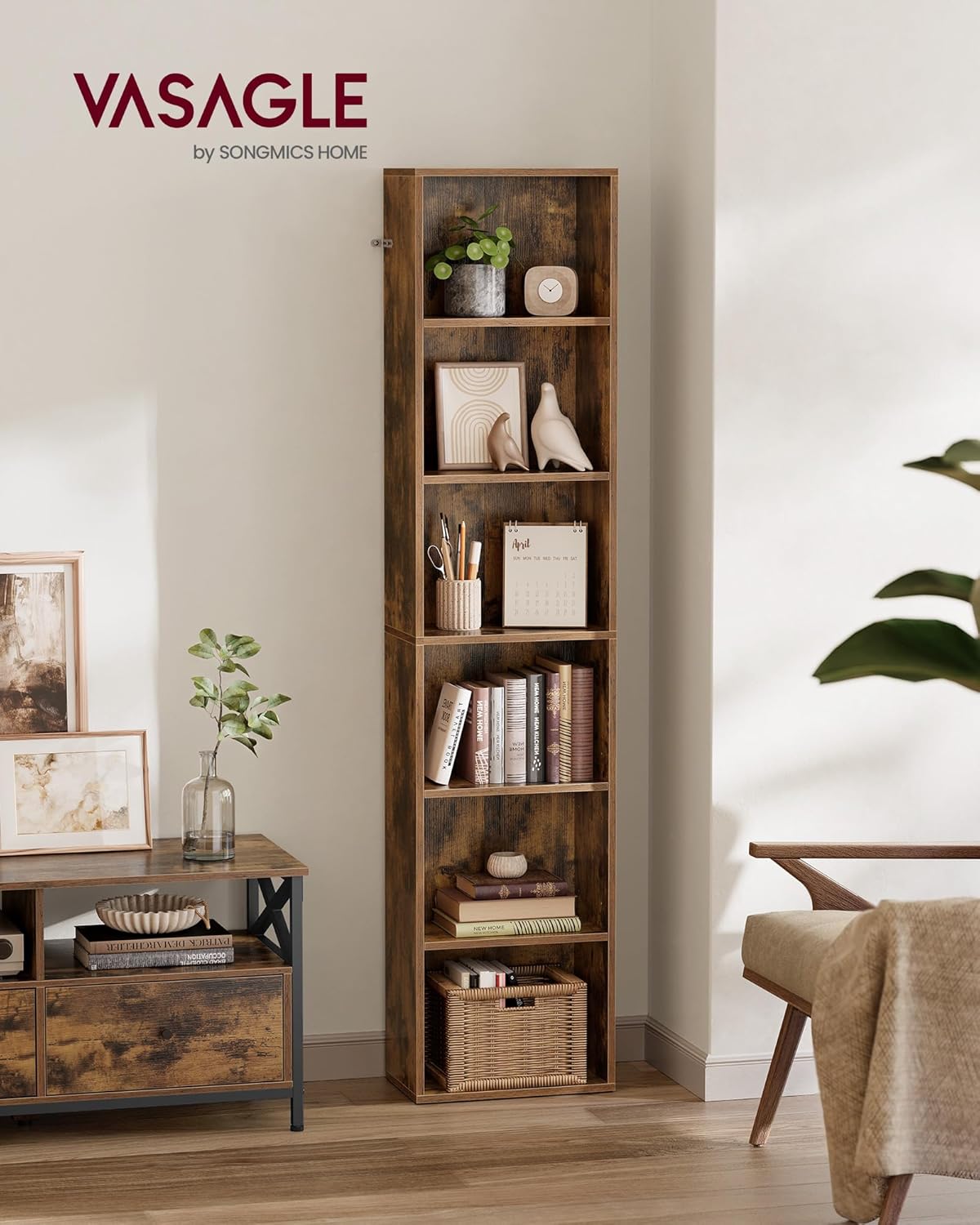 VASAGLE Custos Kollektion - Bücherregal, 6-stöckiges Regal, offenes Aufbewahrungsregal, Standregal, 24 x 40 x 178,5 cm, für Wohnzimmer, Homeoffice, Esszimmer, vintagebraun LBC167K01 — Ansicht 2