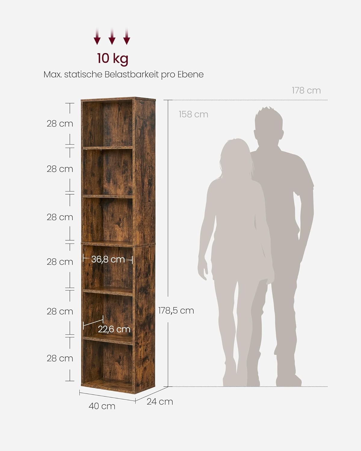 VASAGLE Custos Kollektion - Bücherregal, 6-stöckiges Regal, offenes Aufbewahrungsregal, Standregal, 24 x 40 x 178,5 cm, für Wohnzimmer, Homeoffice, Esszimmer, vintagebraun LBC167K01 — Ansicht 6