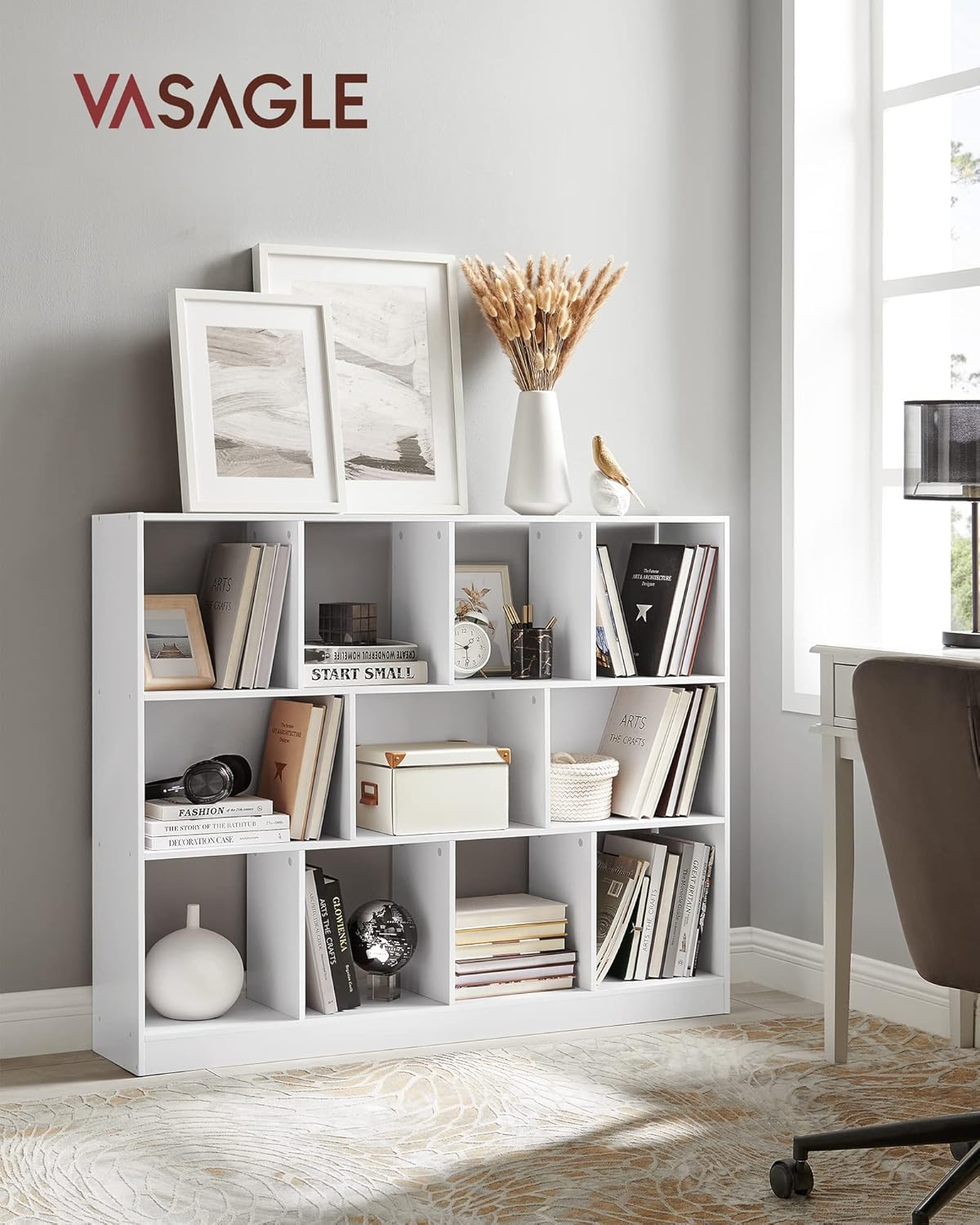 VASAGLE Custos Kollektion - Bücherregal, Regal, Würfelregal, Standregal, 11 offene Fächer, horizontal, vertikal oder kopfüber verwendbar, 30 x 126 x 100 cm, Wohnzimmer, Büro, weiß LBC054T14 — Ansicht 2
