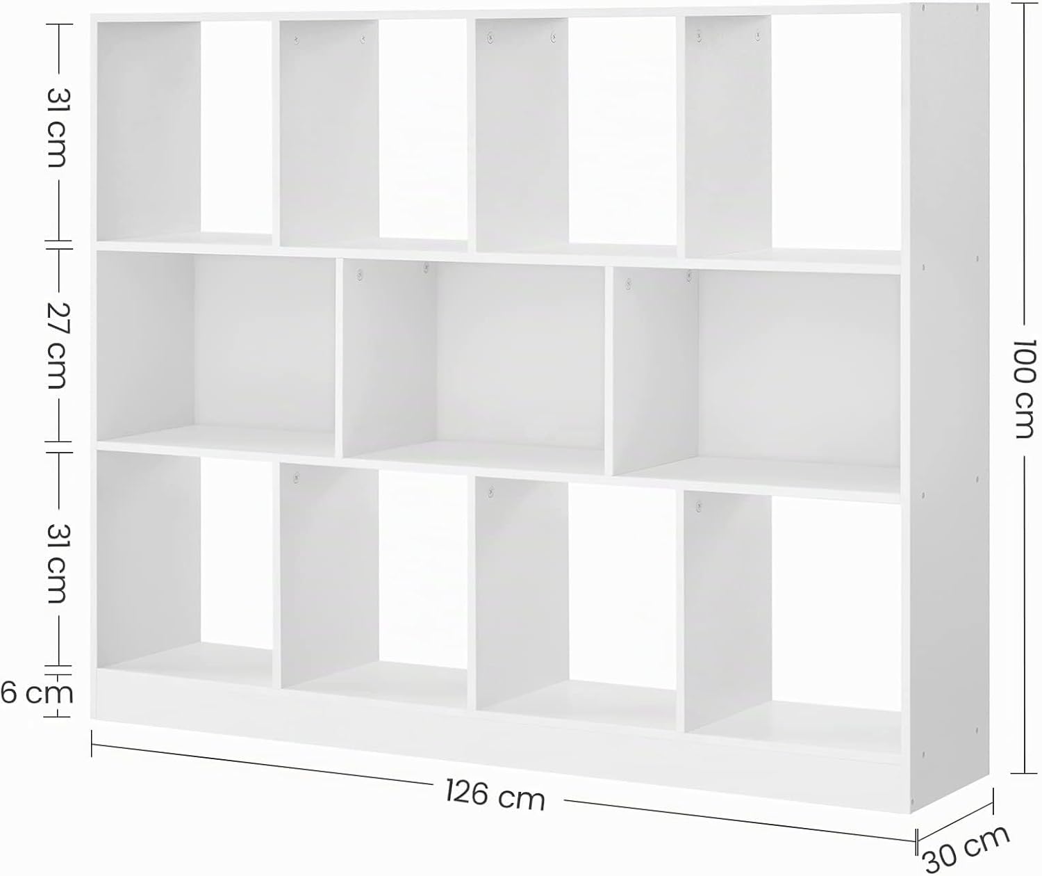 VASAGLE Custos Kollektion - Bücherregal, Regal, Würfelregal, Standregal, 11 offene Fächer, horizontal, vertikal oder kopfüber verwendbar, 30 x 126 x 100 cm, Wohnzimmer, Büro, weiß LBC054T14 — Ansicht 3