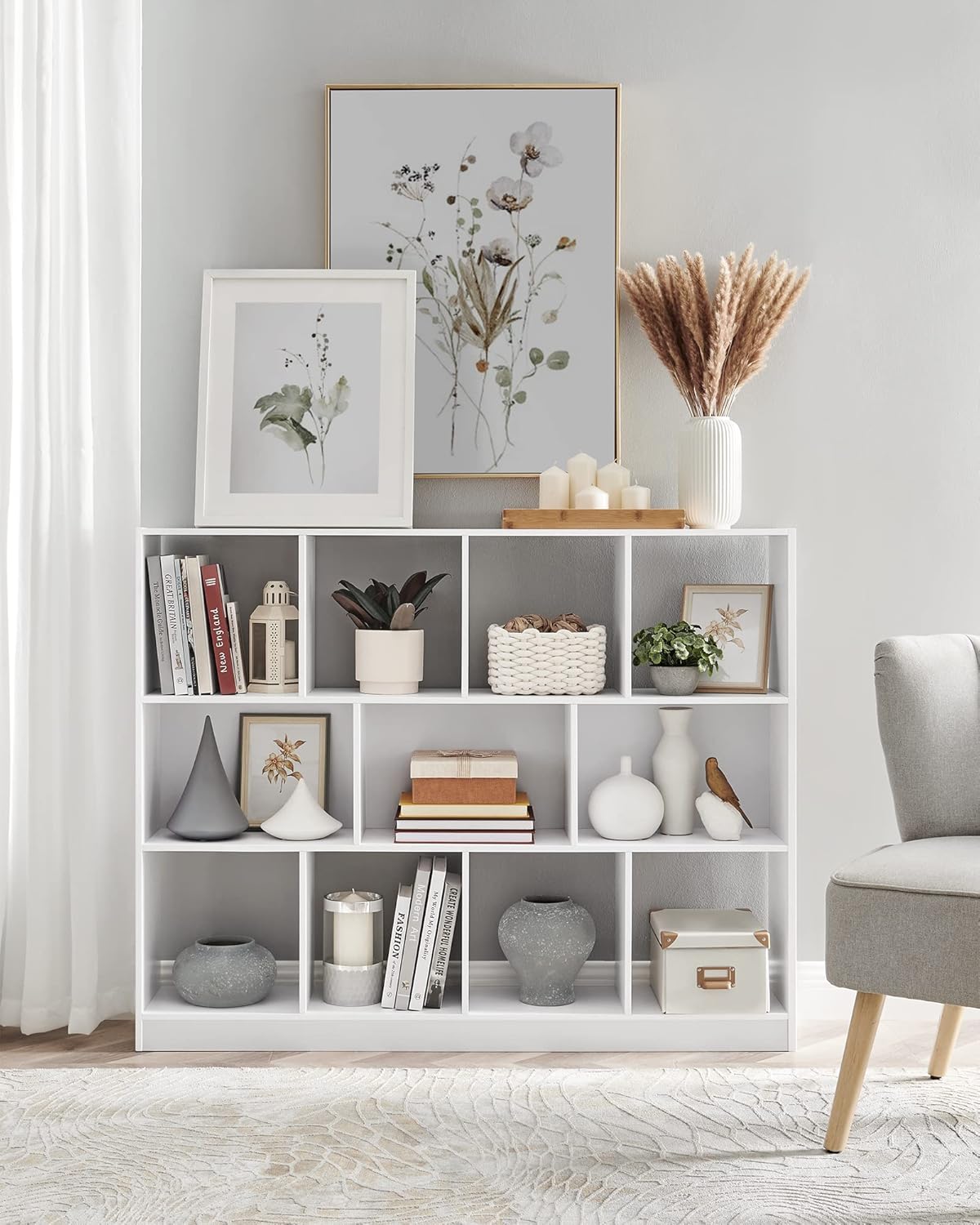 VASAGLE Custos Kollektion - Bücherregal, Regal, Würfelregal, Standregal, 11 offene Fächer, horizontal, vertikal oder kopfüber verwendbar, 30 x 126 x 100 cm, Wohnzimmer, Büro, weiß LBC054T14 — Ansicht 4