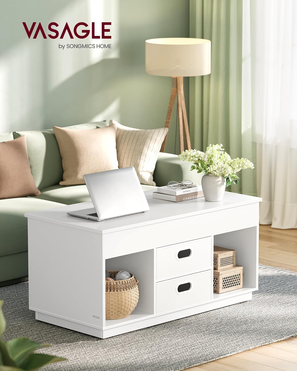 VASAGLE CUSTOS Kollektion - Couchtisch, höhenverstellbarer Wohnzimmertisch, 2 Schubladen und versteckte Fächer, Kaffeetisch, offene Fächer, für Wohnzimmer, Homeoffice, schneeweiß LCT210W01 — Ansicht 2