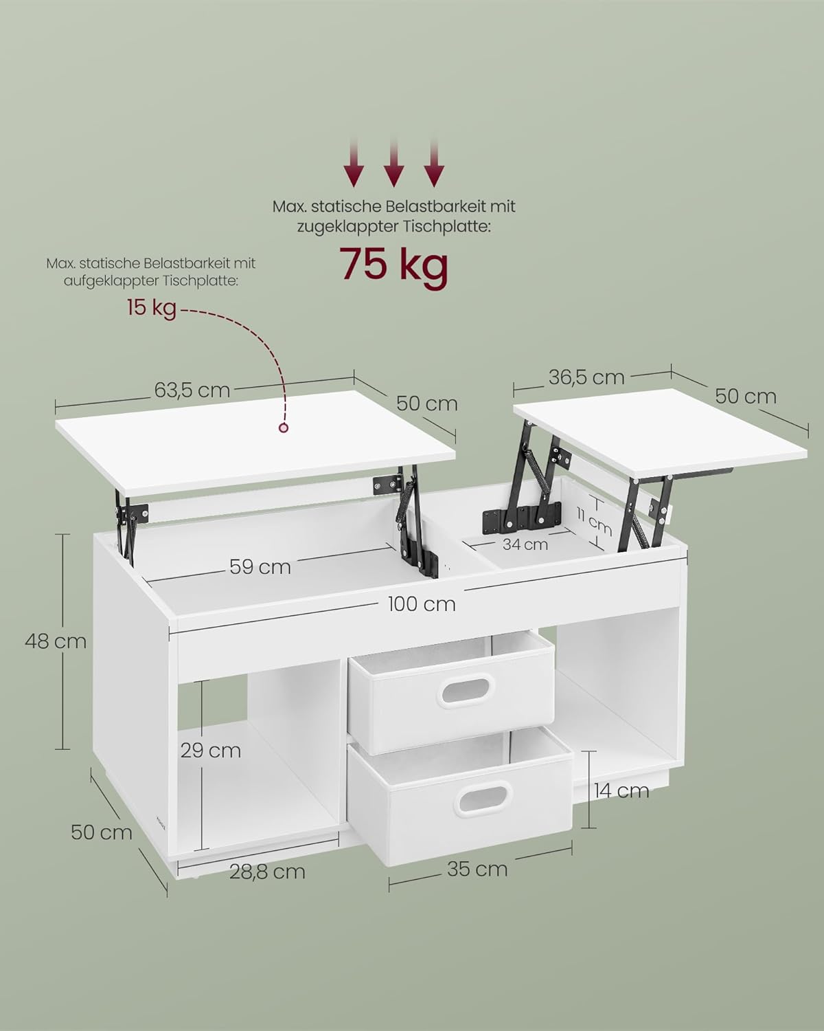VASAGLE CUSTOS Kollektion - Couchtisch, höhenverstellbarer Wohnzimmertisch, 2 Schubladen und versteckte Fächer, Kaffeetisch, offene Fächer, für Wohnzimmer, Homeoffice, schneeweiß LCT210W01 — Ansicht 3