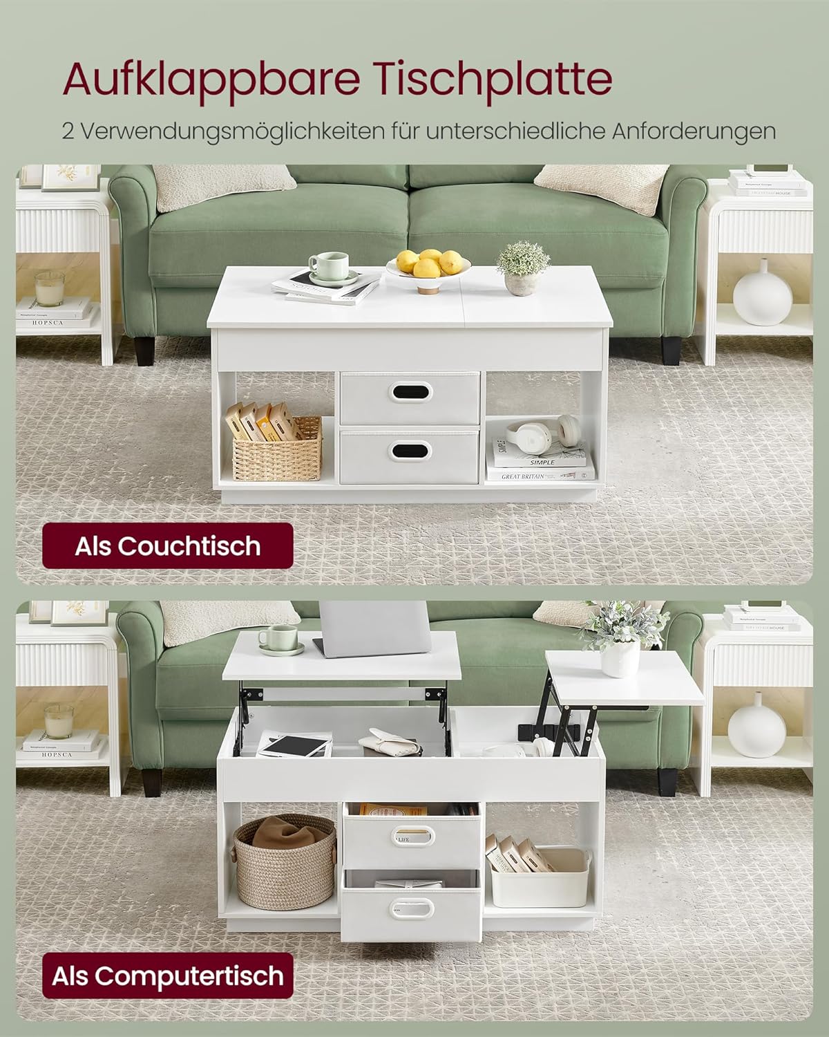 VASAGLE CUSTOS Kollektion - Couchtisch, höhenverstellbarer Wohnzimmertisch, 2 Schubladen und versteckte Fächer, Kaffeetisch, offene Fächer, für Wohnzimmer, Homeoffice, schneeweiß LCT210W01 — Ansicht 4