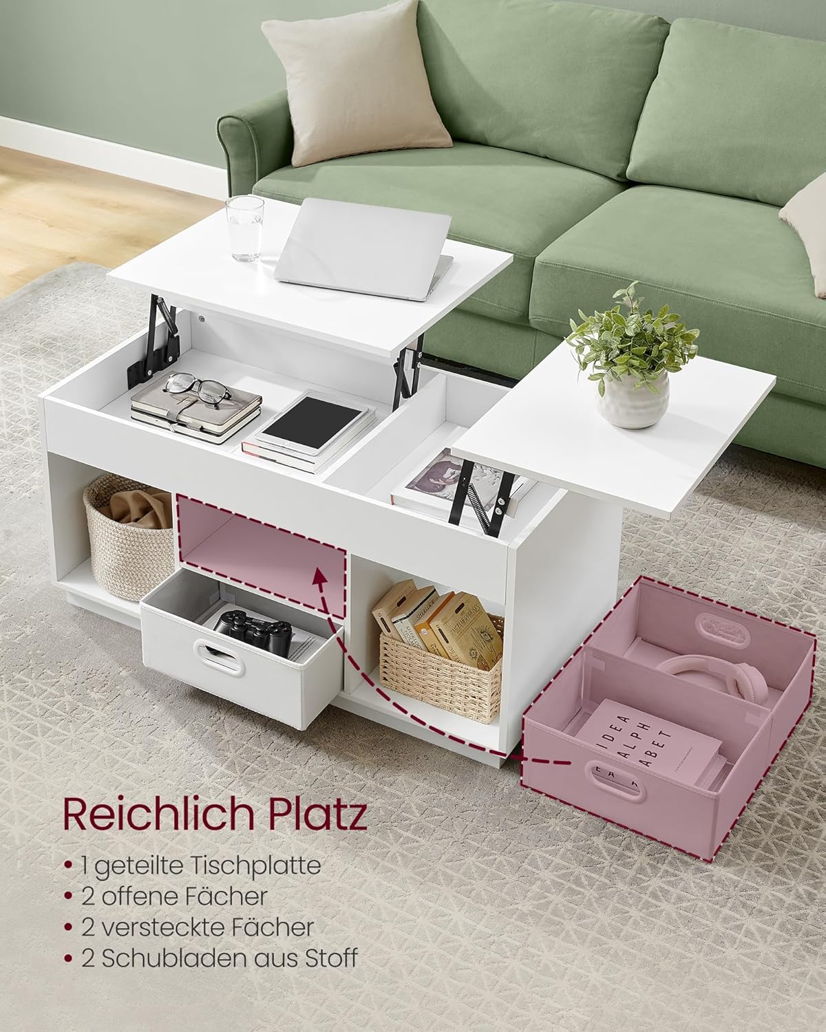 VASAGLE CUSTOS Kollektion - Couchtisch, höhenverstellbarer Wohnzimmertisch, 2 Schubladen und versteckte Fächer, Kaffeetisch, offene Fächer, für Wohnzimmer, Homeoffice, schneeweiß LCT210W01 — Ansicht 5