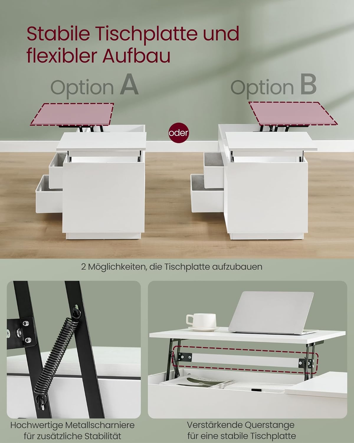 VASAGLE CUSTOS Kollektion - Couchtisch, höhenverstellbarer Wohnzimmertisch, 2 Schubladen und versteckte Fächer, Kaffeetisch, offene Fächer, für Wohnzimmer, Homeoffice, schneeweiß LCT210W01 — Ansicht 6