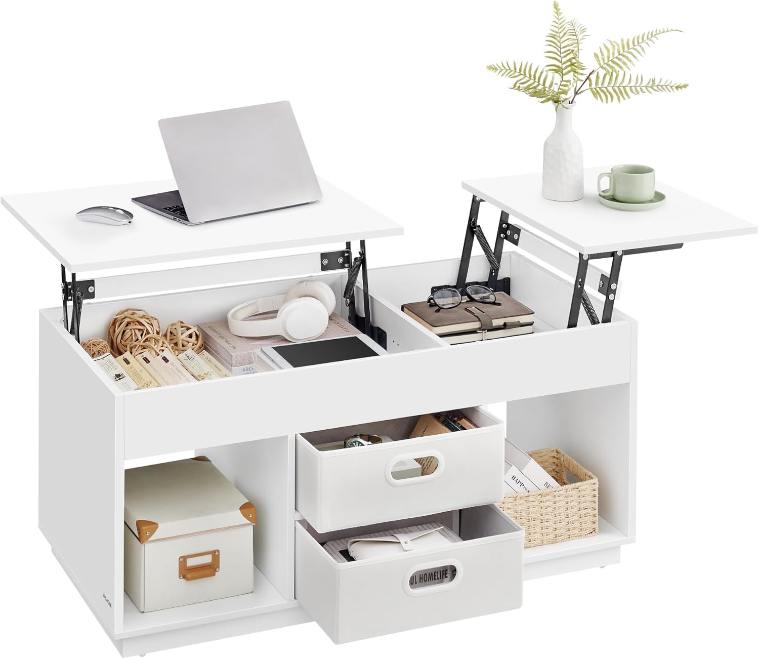 VASAGLE CUSTOS Kollektion - Couchtisch, höhenverstellbarer Wohnzimmertisch, 2 Schubladen und versteckte Fächer, Kaffeetisch, offene Fächer, für Wohnzimmer, Homeoffice, schneeweiß LCT210W01