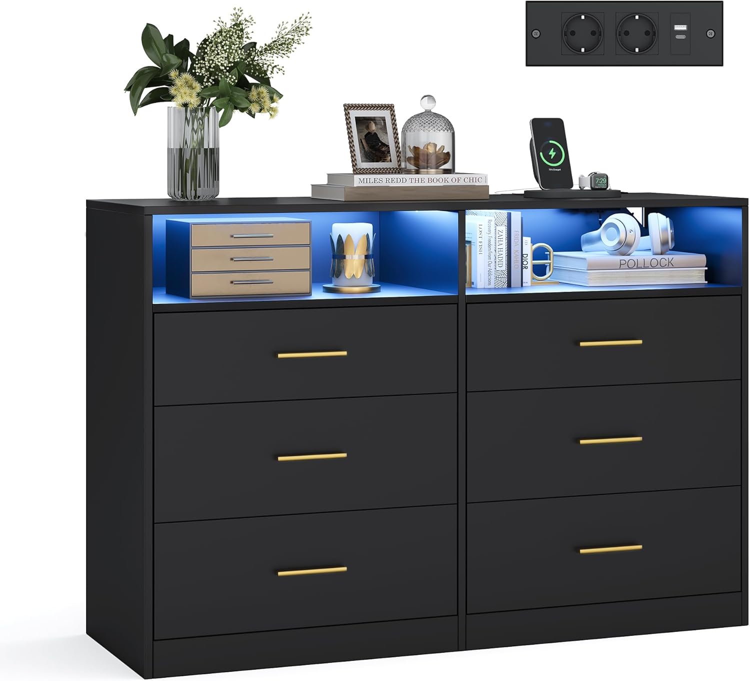 VASAGLE Custos Kollektion - Kommode, Kommodenschrank mit LED-Beleuchtung und Steckdosenleiste, Sideboard, modern, Wohnzimmer, Schlafzimmer, 6 Schubladen, 40 x 119 x 81,2 cm, tintenschwarz LTS316BC01