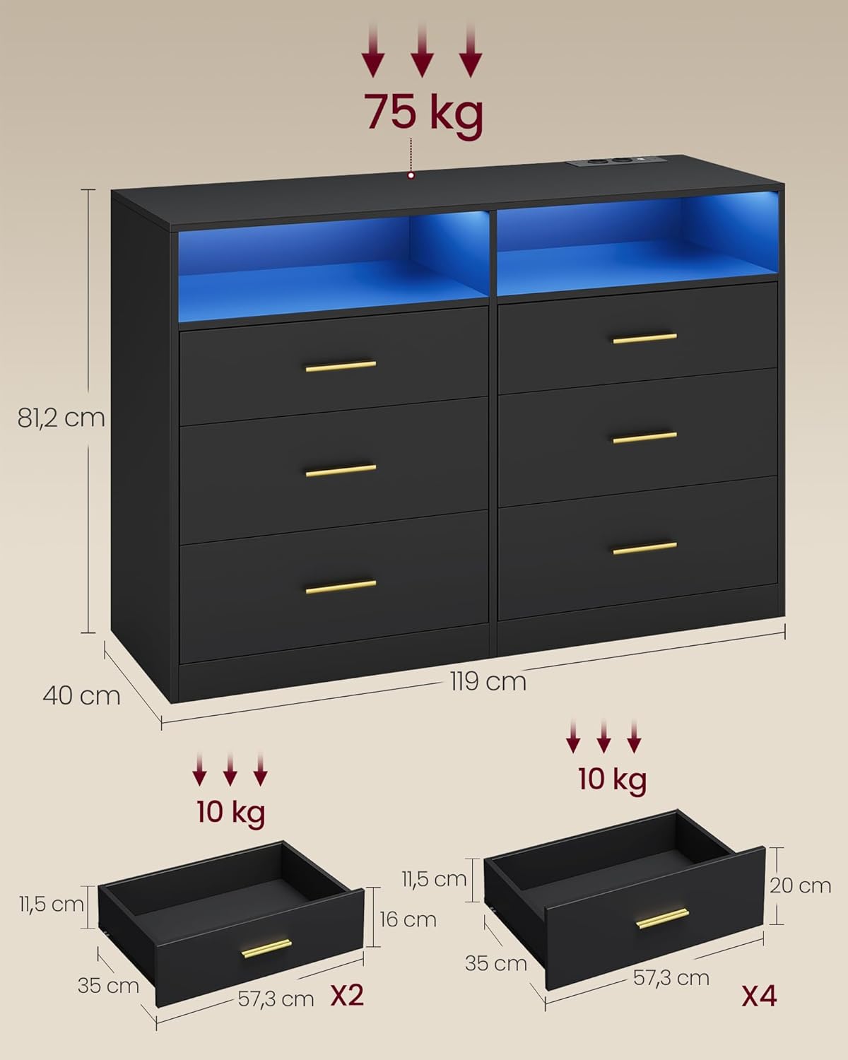 VASAGLE Custos Kollektion - Kommode, Kommodenschrank mit LED-Beleuchtung und Steckdosenleiste, Sideboard, modern, Wohnzimmer, Schlafzimmer, 6 Schubladen, 40 x 119 x 81,2 cm, tintenschwarz LTS316BC01 — Ansicht 2