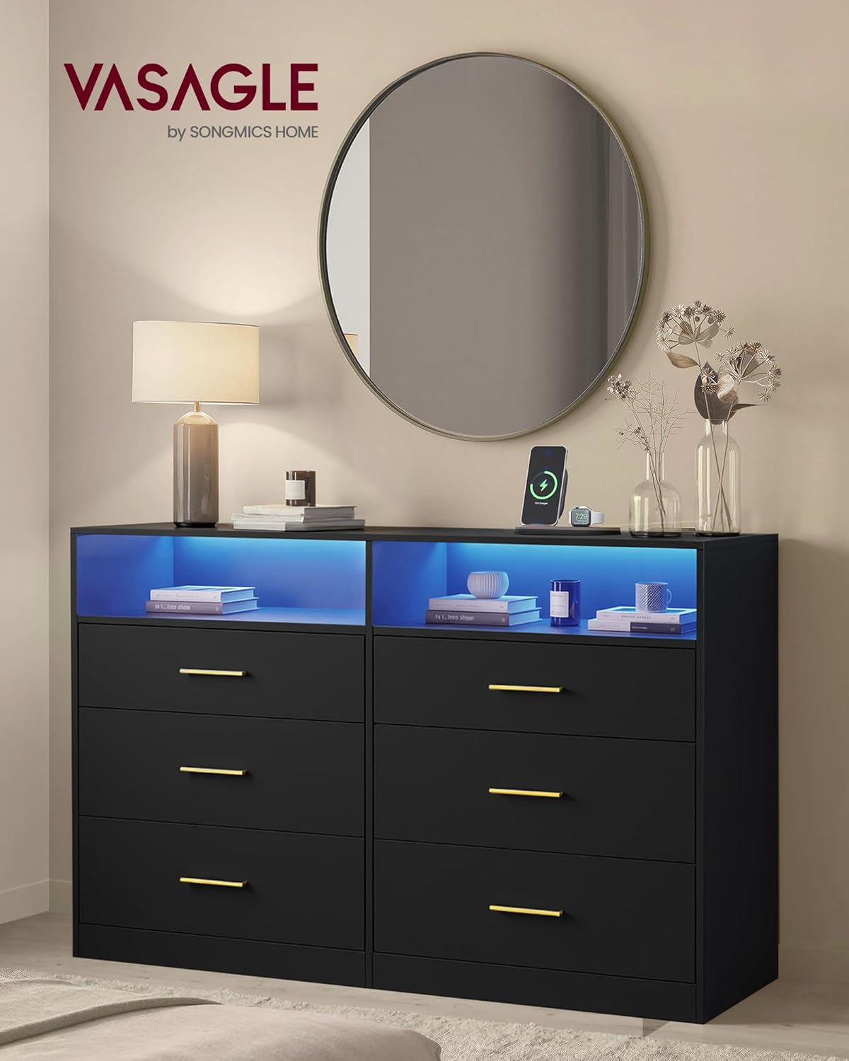 VASAGLE Custos Kollektion - Kommode, Kommodenschrank mit LED-Beleuchtung und Steckdosenleiste, Sideboard, modern, Wohnzimmer, Schlafzimmer, 6 Schubladen, 40 x 119 x 81,2 cm, tintenschwarz LTS316BC01 — Ansicht 3