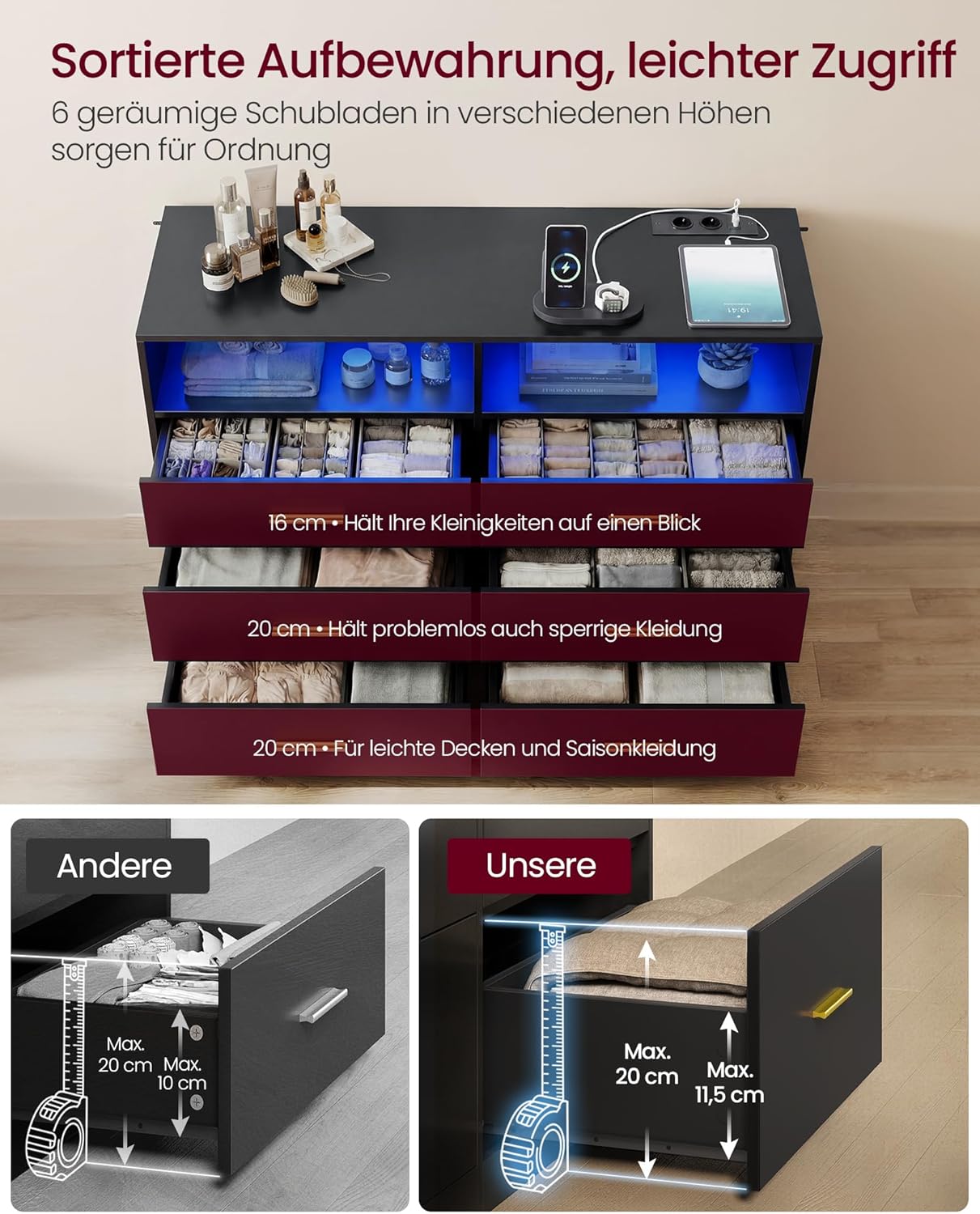 VASAGLE Custos Kollektion - Kommode, Kommodenschrank mit LED-Beleuchtung und Steckdosenleiste, Sideboard, modern, Wohnzimmer, Schlafzimmer, 6 Schubladen, 40 x 119 x 81,2 cm, tintenschwarz LTS316BC01 — Ansicht 4