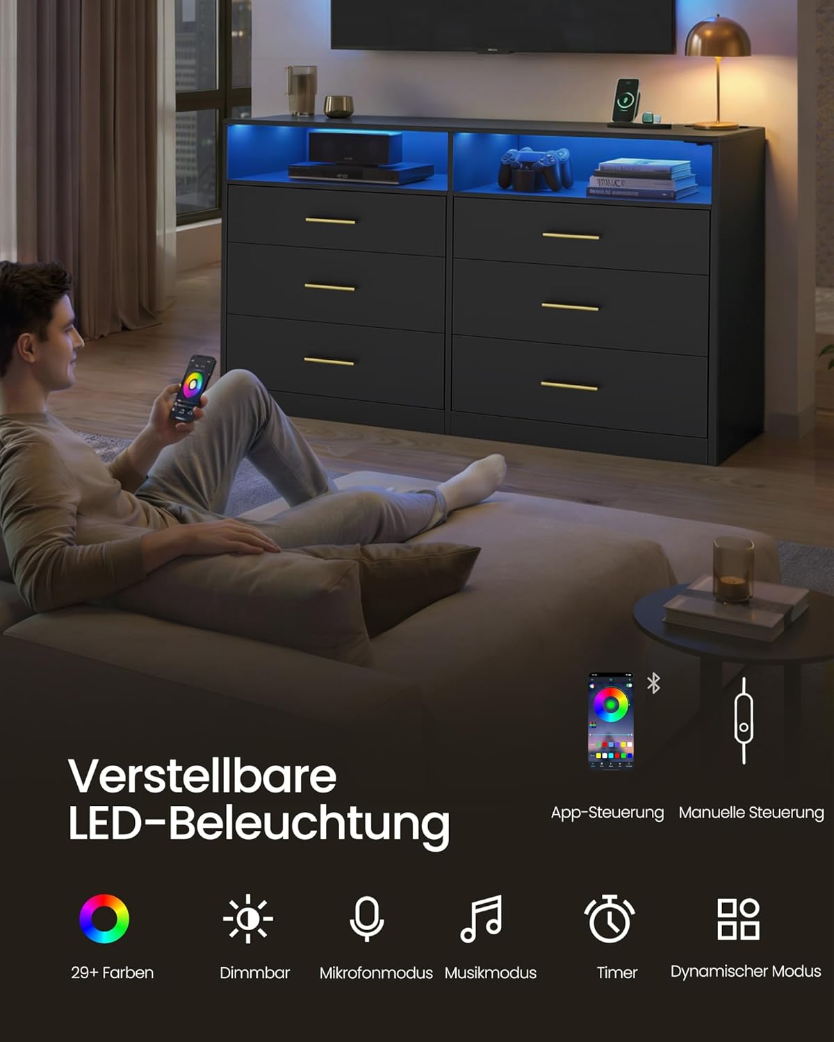 VASAGLE Custos Kollektion - Kommode, Kommodenschrank mit LED-Beleuchtung und Steckdosenleiste, Sideboard, modern, Wohnzimmer, Schlafzimmer, 6 Schubladen, 40 x 119 x 81,2 cm, tintenschwarz LTS316BC01 — Ansicht 5