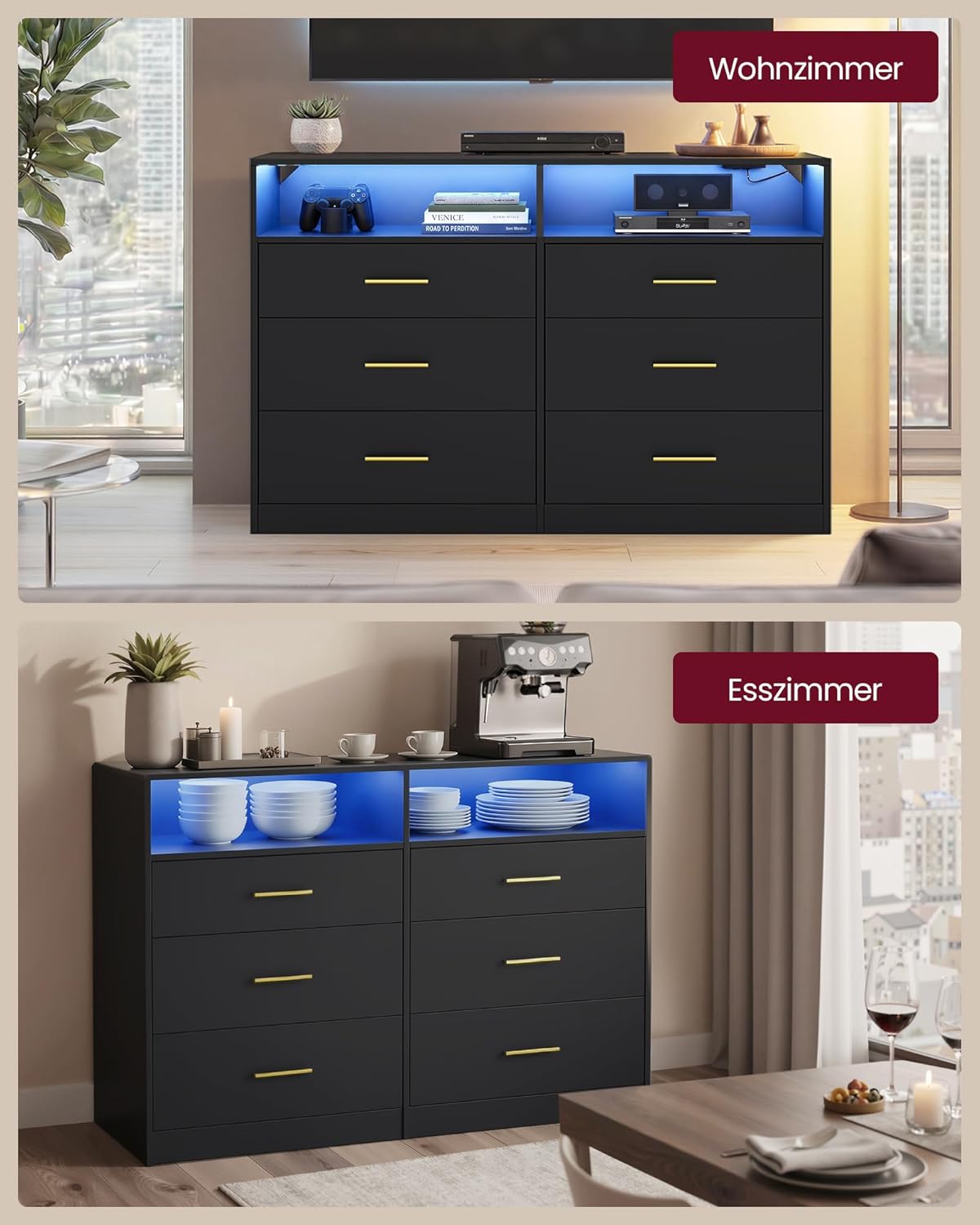 VASAGLE Custos Kollektion - Kommode, Kommodenschrank mit LED-Beleuchtung und Steckdosenleiste, Sideboard, modern, Wohnzimmer, Schlafzimmer, 6 Schubladen, 40 x 119 x 81,2 cm, tintenschwarz LTS316BC01 — Ansicht 6