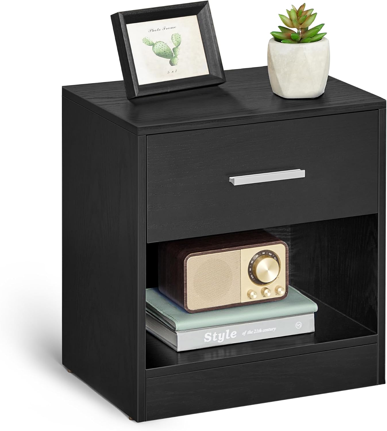 VASAGLE Custos Kollektion - Nachttisch, Beistelltisch, mit Schublade, Griff, offenes Fach, Couchtisch, für Schlafzimmer, Wohnzimmer, klassikschwarz LET619T56