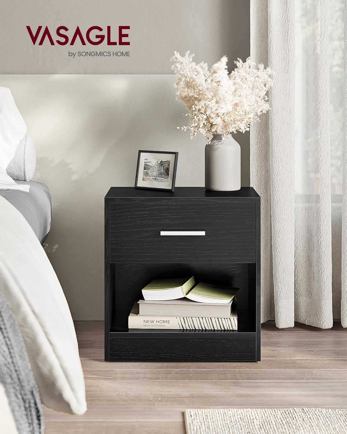 VASAGLE Custos Kollektion - Nachttisch, Beistelltisch, mit Schublade, Griff, offenes Fach, Couchtisch, für Schlafzimmer, Wohnzimmer, klassikschwarz LET619T56 — Ansicht 2