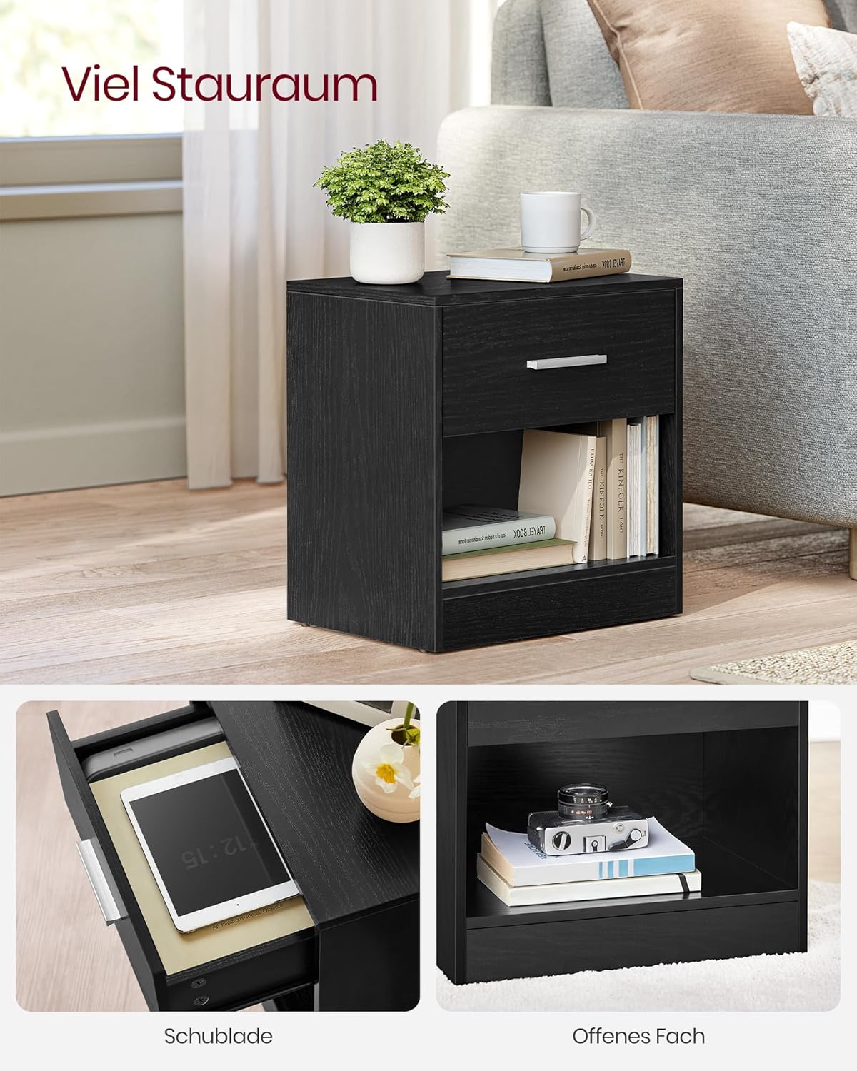 VASAGLE Custos Kollektion - Nachttisch, Beistelltisch, mit Schublade, Griff, offenes Fach, Couchtisch, für Schlafzimmer, Wohnzimmer, klassikschwarz LET619T56 — Ansicht 3