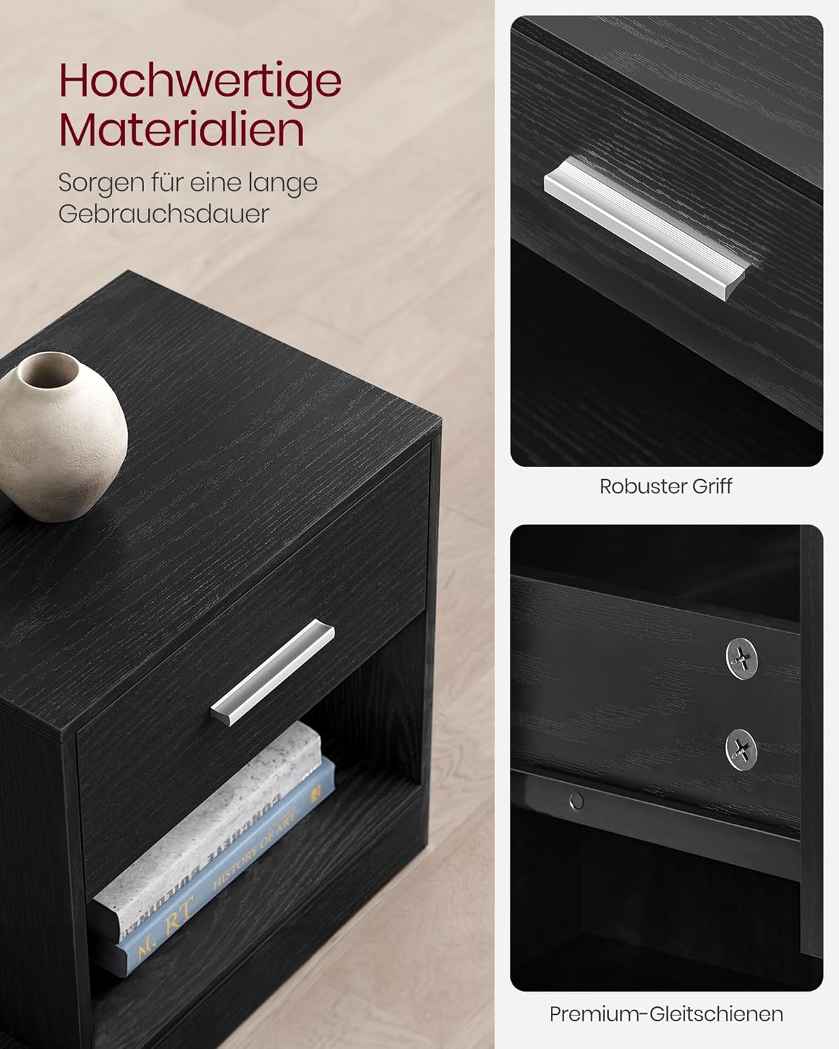 VASAGLE Custos Kollektion - Nachttisch, Beistelltisch, mit Schublade, Griff, offenes Fach, Couchtisch, für Schlafzimmer, Wohnzimmer, klassikschwarz LET619T56 — Ansicht 4