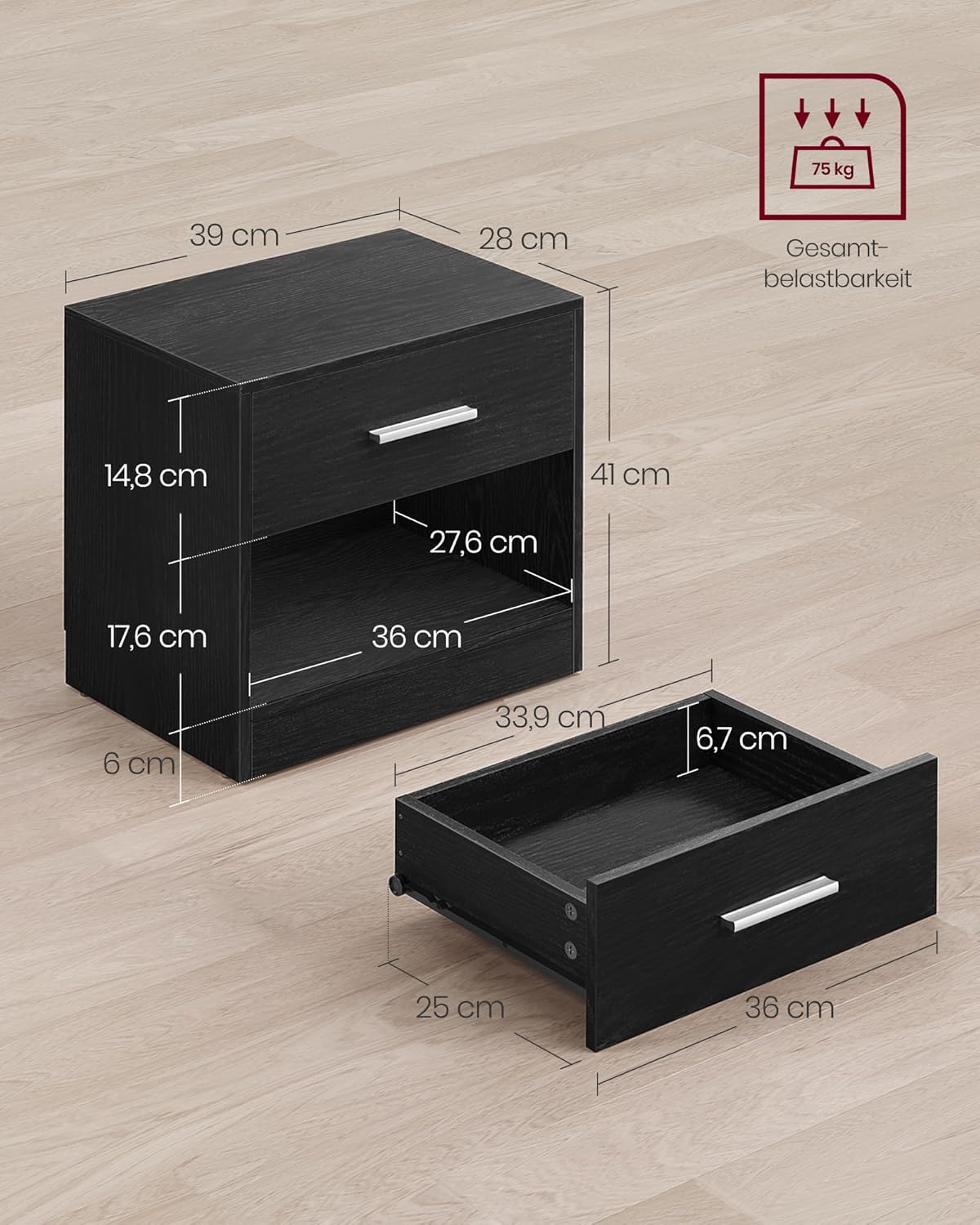 VASAGLE Custos Kollektion - Nachttisch, Beistelltisch, mit Schublade, Griff, offenes Fach, Couchtisch, für Schlafzimmer, Wohnzimmer, klassikschwarz LET619T56 — Ansicht 5