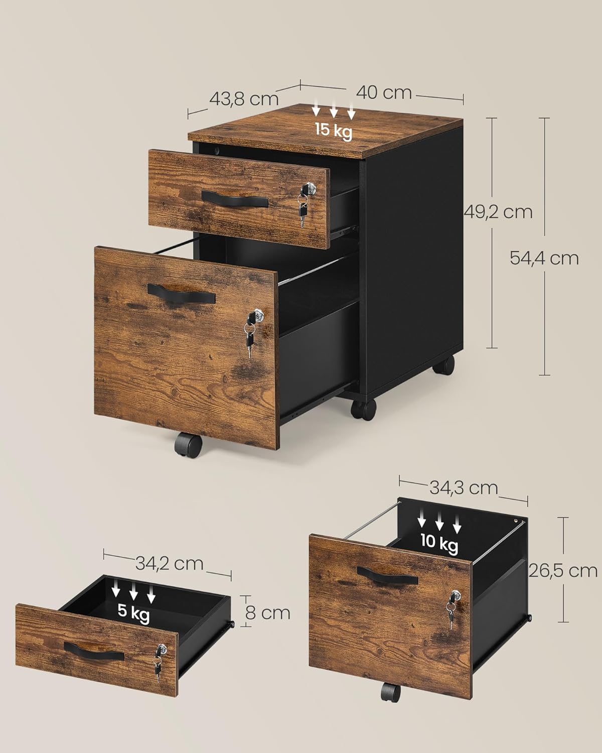 VASAGLE Custos Kollektion - Rollcontainer abschließbar, Aktenschrank 2 Schubladen, 5 Rollen, verstellbare Hängestangen, für Hängeregistratur A4-, Letter-Format, vintagebraun-tintenschwarz LCD022K01 — Ansicht 3