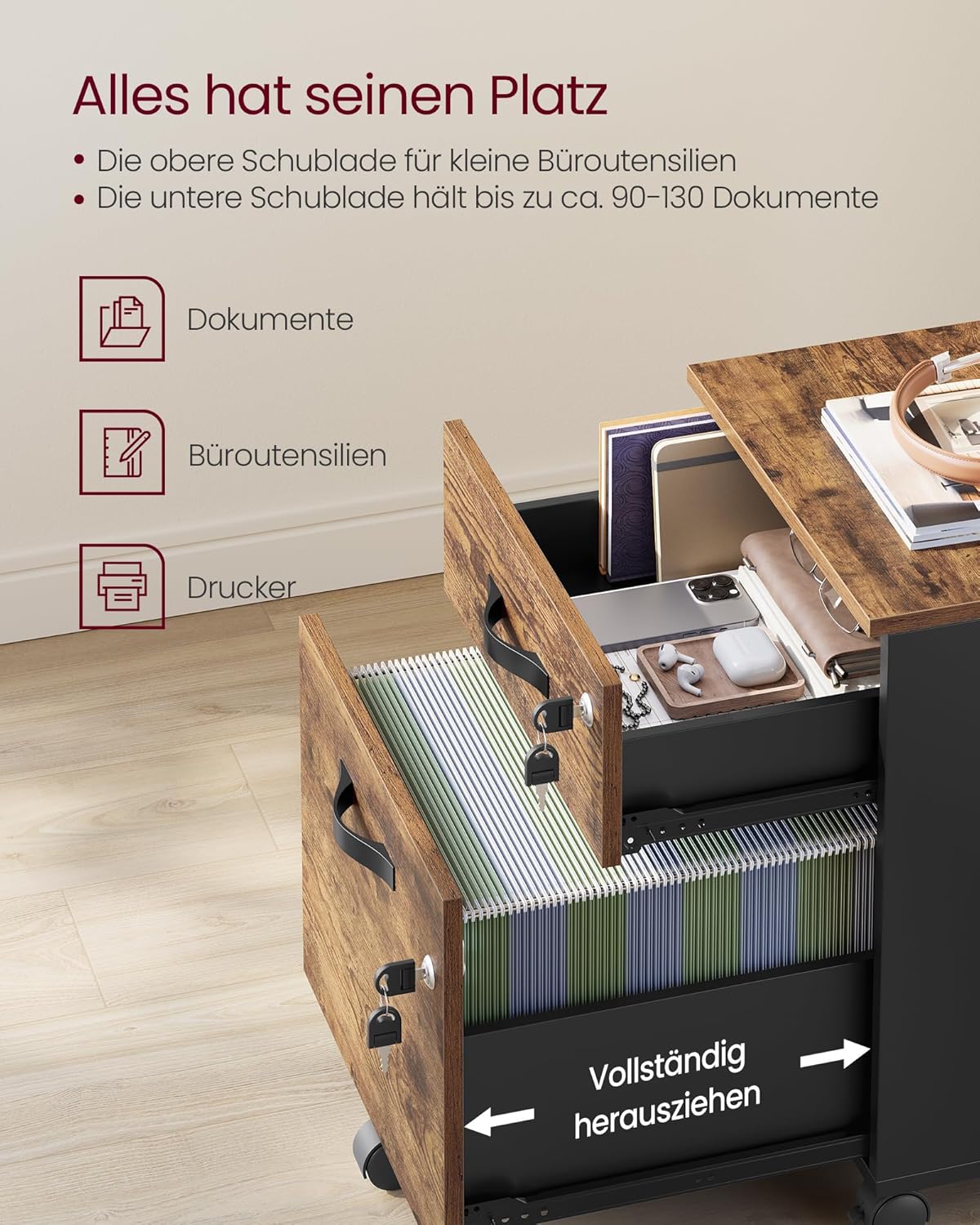 VASAGLE Custos Kollektion - Rollcontainer abschließbar, Aktenschrank 2 Schubladen, 5 Rollen, verstellbare Hängestangen, für Hängeregistratur A4-, Letter-Format, vintagebraun-tintenschwarz LCD022K01 — Ansicht 4