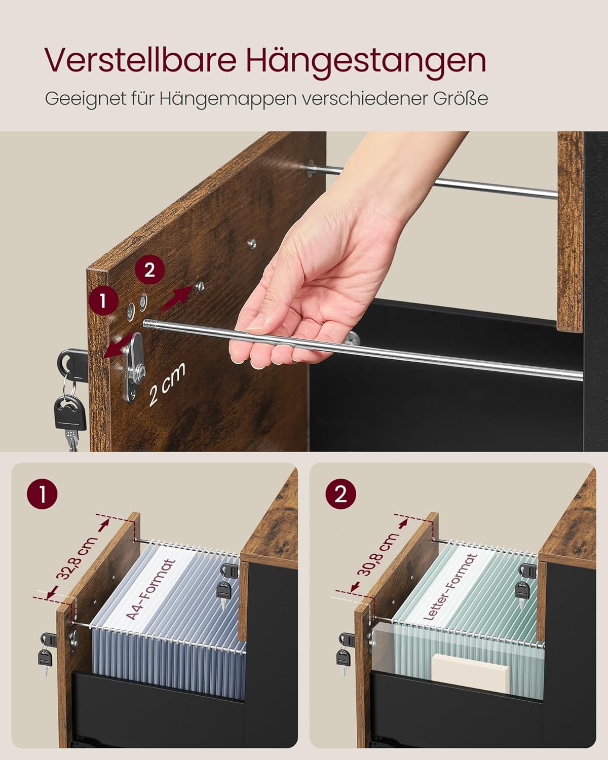 VASAGLE Custos Kollektion - Rollcontainer abschließbar, Aktenschrank 2 Schubladen, 5 Rollen, verstellbare Hängestangen, für Hängeregistratur A4-, Letter-Format, vintagebraun-tintenschwarz LCD022K01 — Ansicht 5