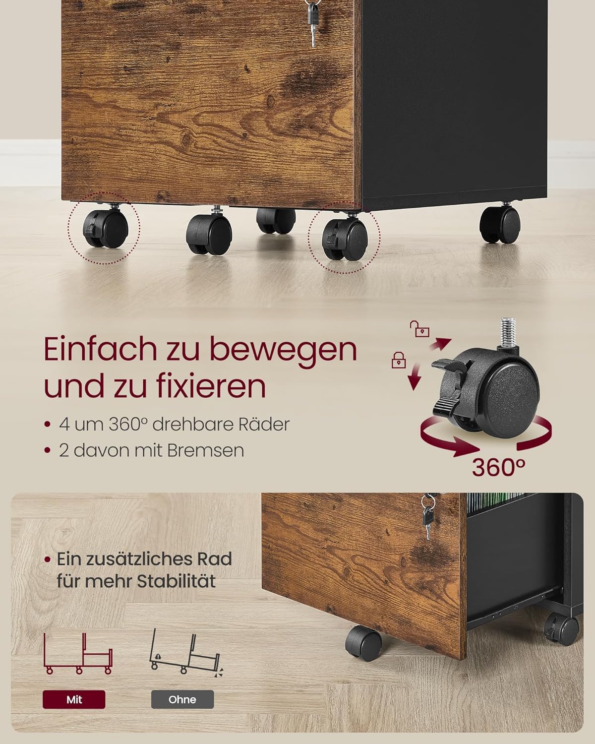 VASAGLE Custos Kollektion - Rollcontainer abschließbar, Aktenschrank 2 Schubladen, 5 Rollen, verstellbare Hängestangen, für Hängeregistratur A4-, Letter-Format, vintagebraun-tintenschwarz LCD022K01 — Ansicht 6