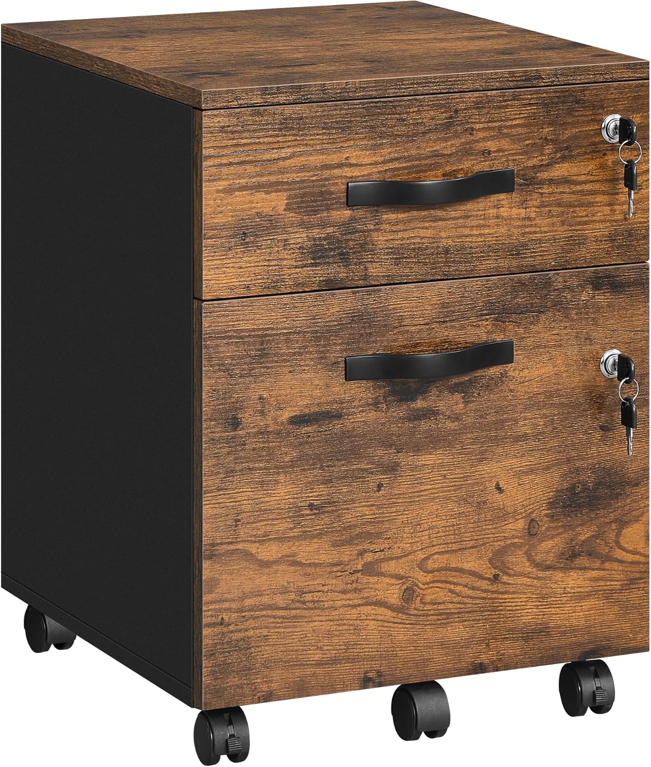 VASAGLE Custos Kollektion - Rollcontainer abschließbar, Aktenschrank 2 Schubladen, 5 Rollen, verstellbare Hängestangen, für Hängeregistratur A4-, Letter-Format, vintagebraun-tintenschwarz LCD022K01