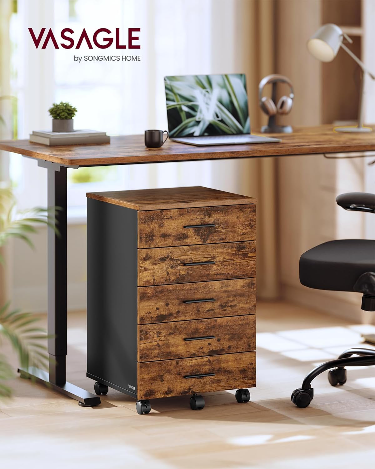 VASAGLE Custos Kollektion - Rollcontainer, mobiler Aktenschrank, Schubladenschrank, Druckerständer mit 5 Schubladen, mit schraubenlosen Gleitschienen, für Büro, Homeoffice, vintagebraun OFC081KD02 — Ansicht 2